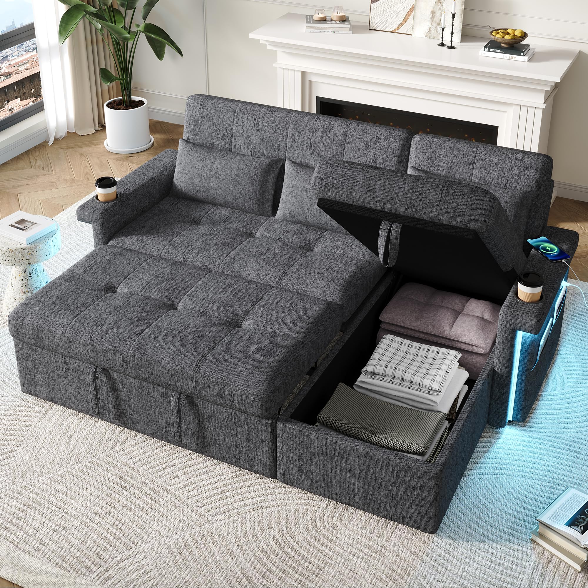 Divano ad angolo con funzione letto, 3 posti, divano L piccolo, divano ad angolo con illuminazione e prese USB, divano con spazio di archiviazione, schienale regolabile – soggiorno, grigio+