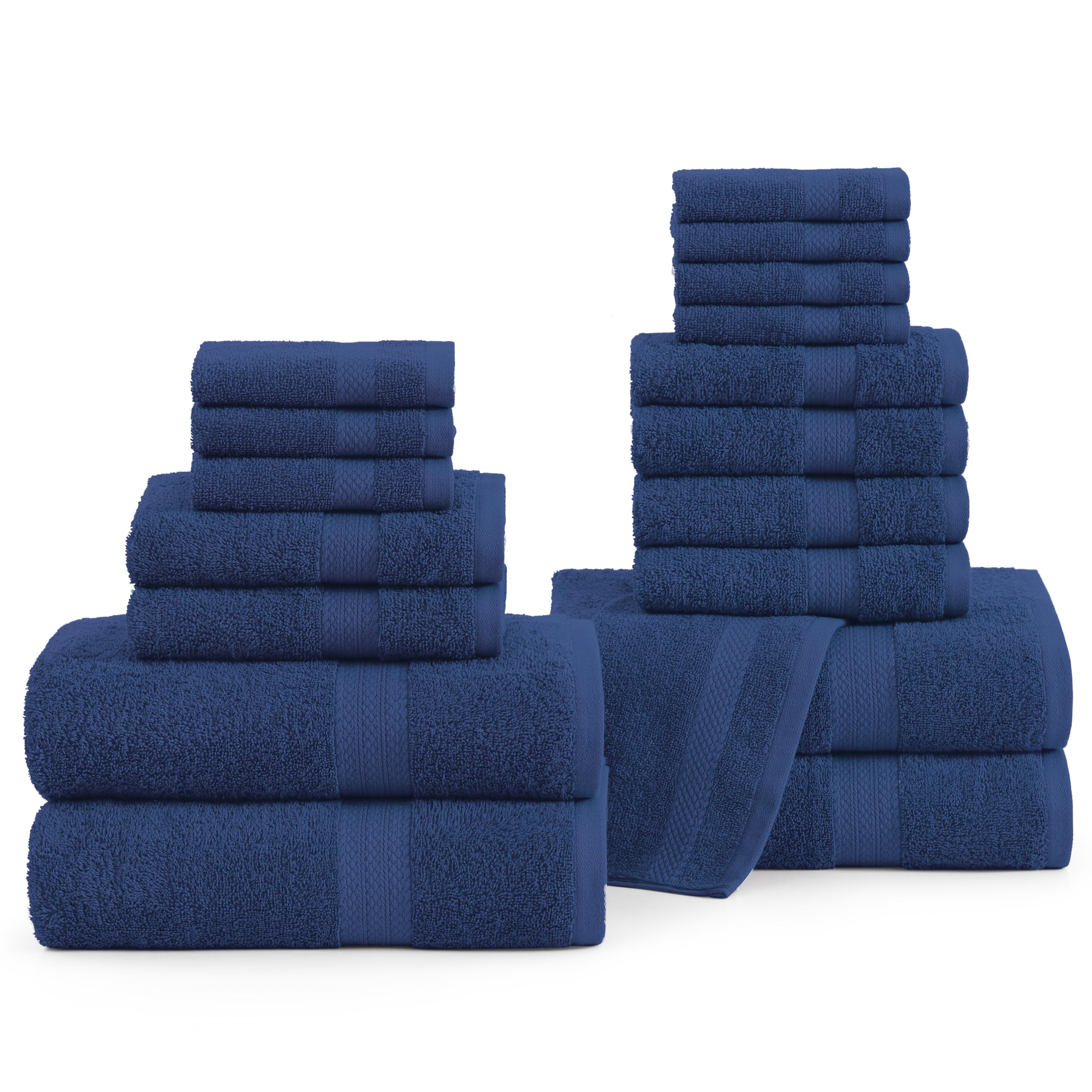 LANE LINEN 100% Mercerized Cotton Bathroom Towel Set - 18 Pcs - Fluffy, Super Soft & Highly Absorbent - 4 Bath Towels, 8 Washcloths, 6 Hand Towels - Ring Spun, Double Sided Cotton Terry - Navy Blue