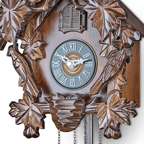 Miniatura 8 de TIMEGEAR Reloj de cuco con modo nocturno automático, movimiento de cuarzo y cabeza de ciervo tallada (marrón oscuro)