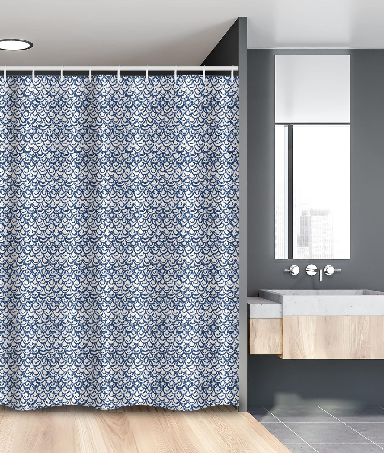 Ambesonne Ethnic Stall Shower Curtain, Hand Drawn Style Indonesian Batik Pattern with Curves and Small Triangles, Fabric Bathroom Decor Set with Hooks, 54" W x 78" L, Navy Blue and Cream