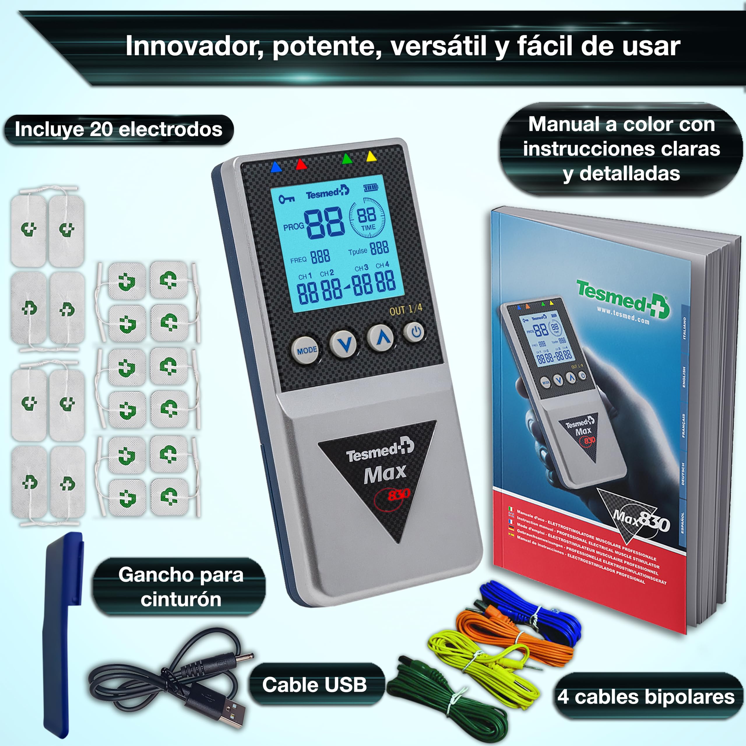 TESMED Max 830: Electroestimulador Muscular Profesional Tens / EMS / Masaje con Estimulación Secuencial, 4 Canales, 115 Programas de los cuales 20 Personalizables, Recargable, Incluye 20 Electrodos