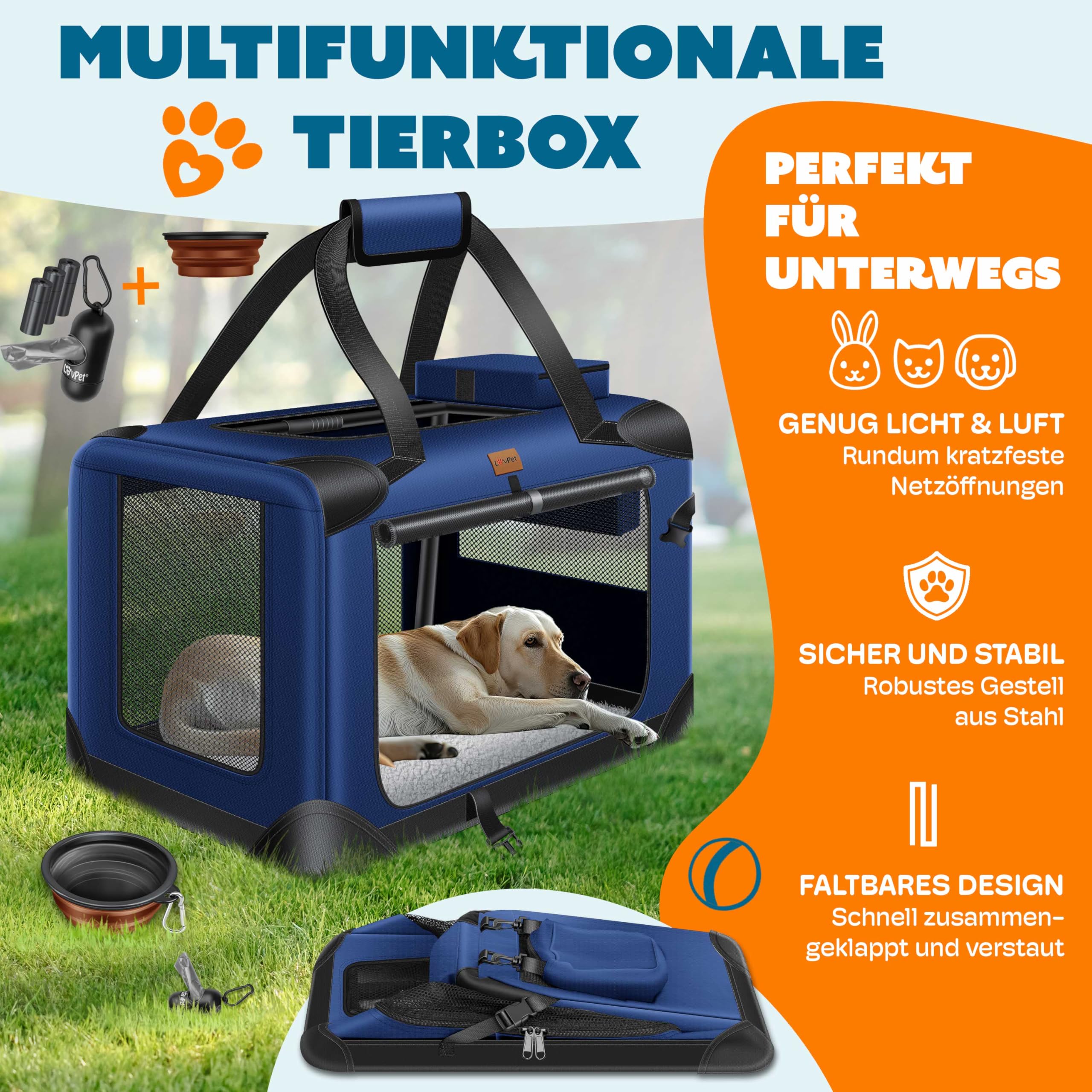 LOVPET® Trasportino per Cani - Box per Cani Pieghevole incl. Borsa per Il Trasporto e Ciotola - Cani e Gatti - casetta per Il Trasporto di Animali Domestici, Blu marino, XXXL
