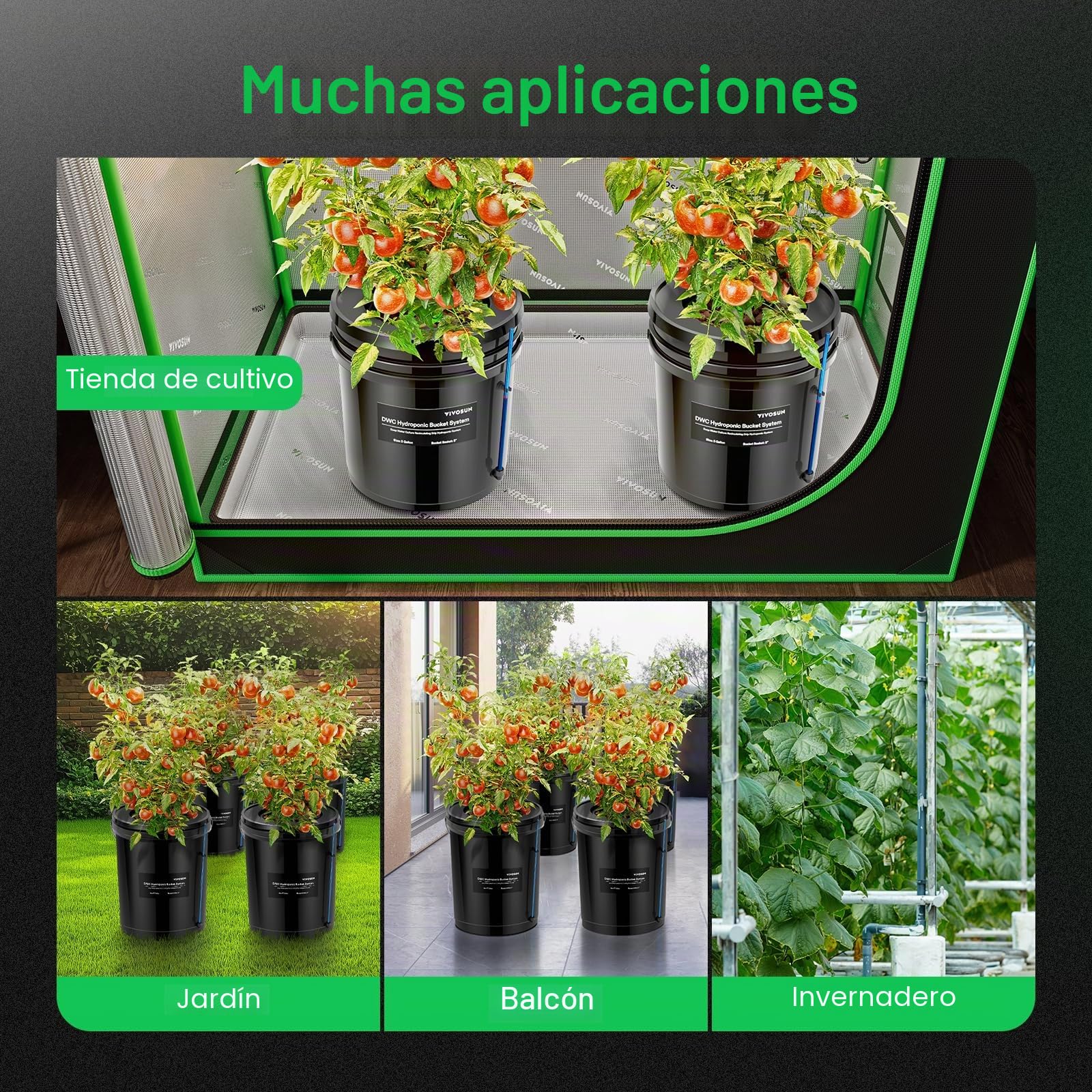 VIVOSUN Sistema de Cultivo Hidropónico DWC, Cultura de Agua Profunda de 5 Galones, Sistema de Jardín de Goteo Recirculante con Manguera de Aire Multiuso, Bomba de Aire y Piedra de Aire (Kit de 4 Cubos