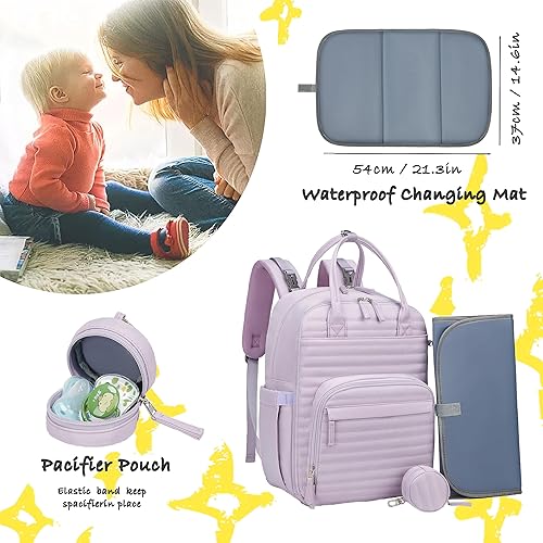 Miniatura 4 de Somago Mochila para pañales para bebé, mochila multifunción para viajes, bolsa de bebé con cambiador, correa para cochecito, Púrpura, Mochila