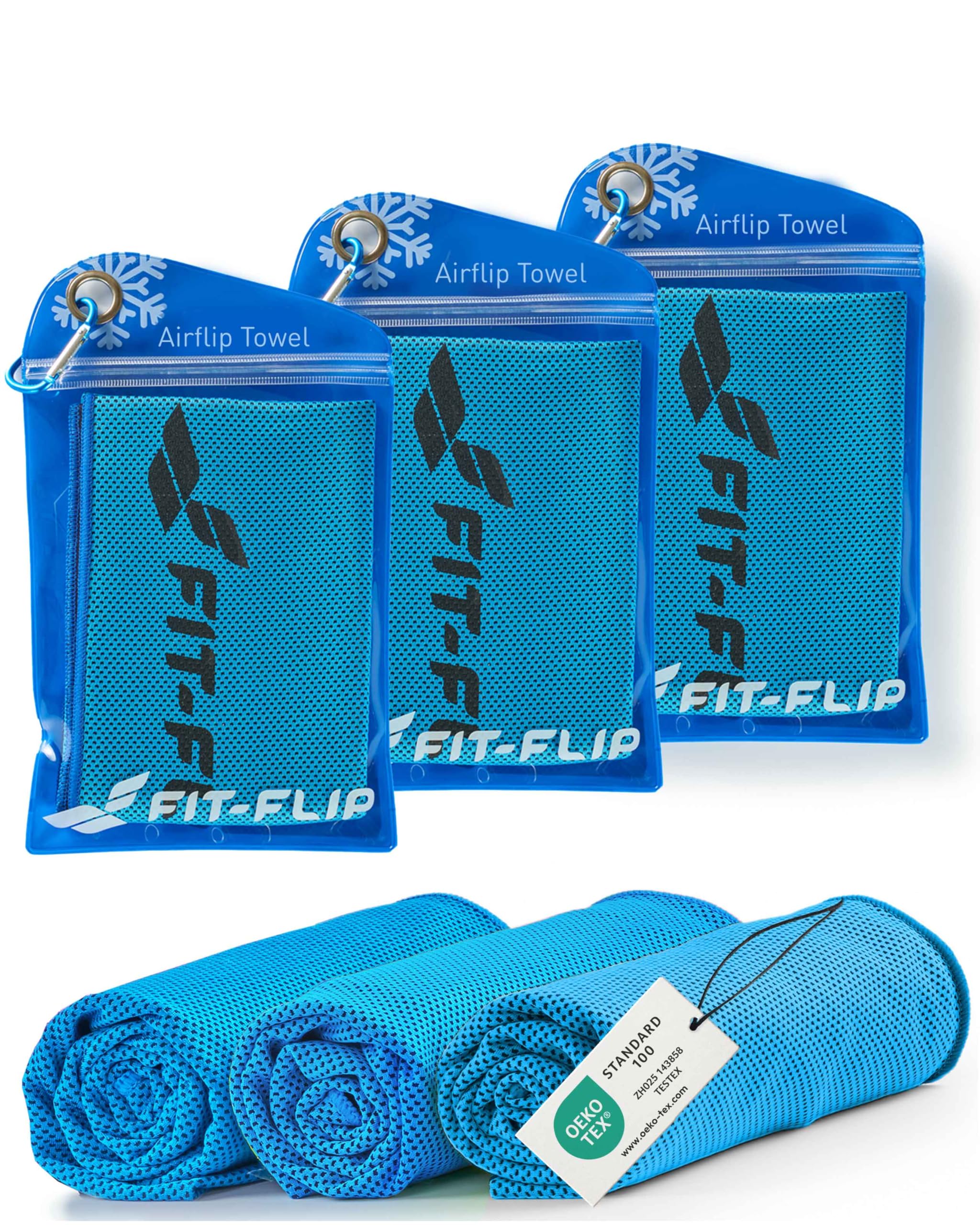 Fit-Flip Kühltuch 3er Set – kühlendes Handtuch Fitness und Sport – mikrofaser kühlhandtuch – Airflip kühltücher – cool Ice Towel (3X blau-dunkel blau, 100x30cm)
