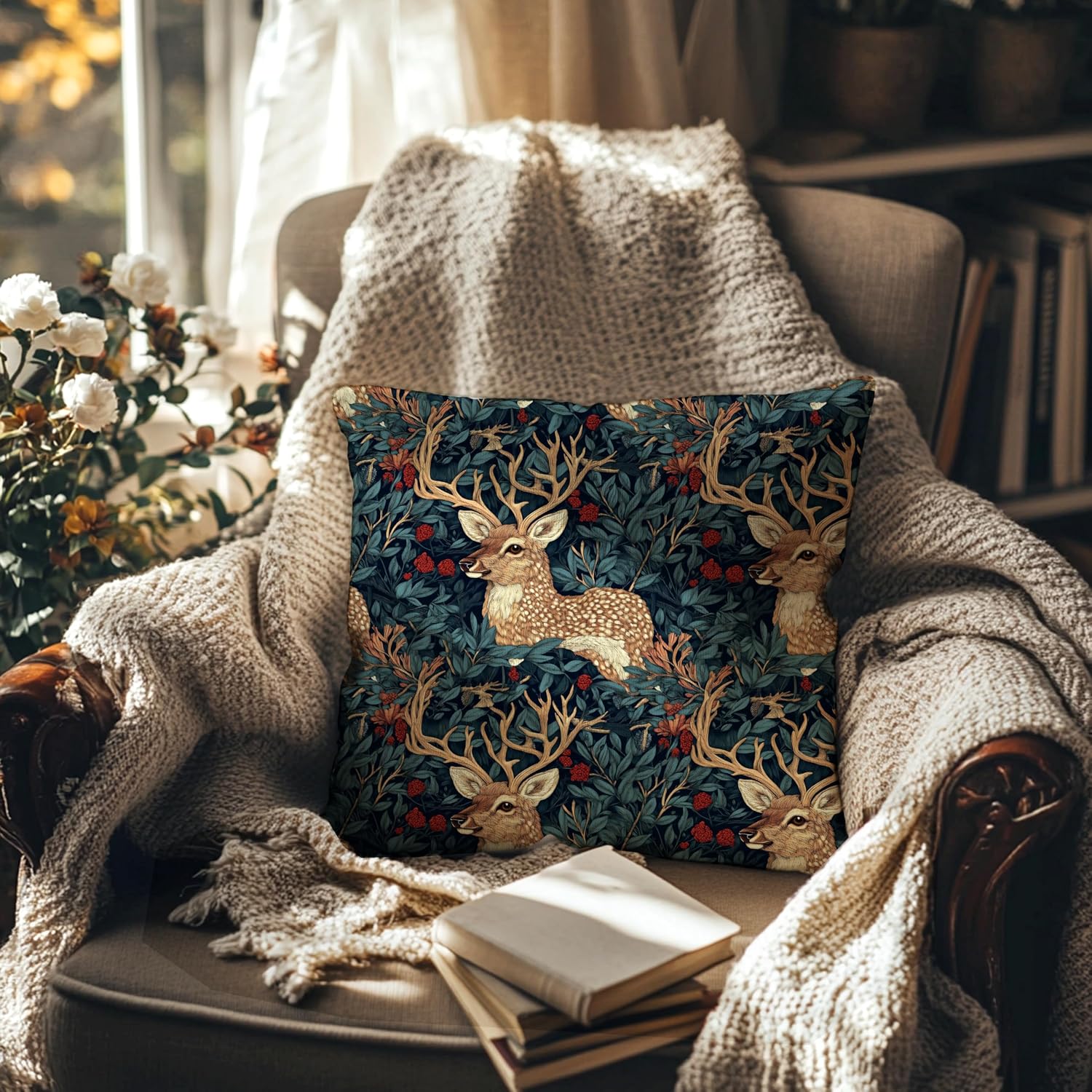Vintage Floral Deer Pillow Covers, Cottagecore Room Home Decor, Art Nouveau Botanical Forest Deer Decorative Pillow Covers for Home Bedroom Living Room，18x18 Double-Sided image 3