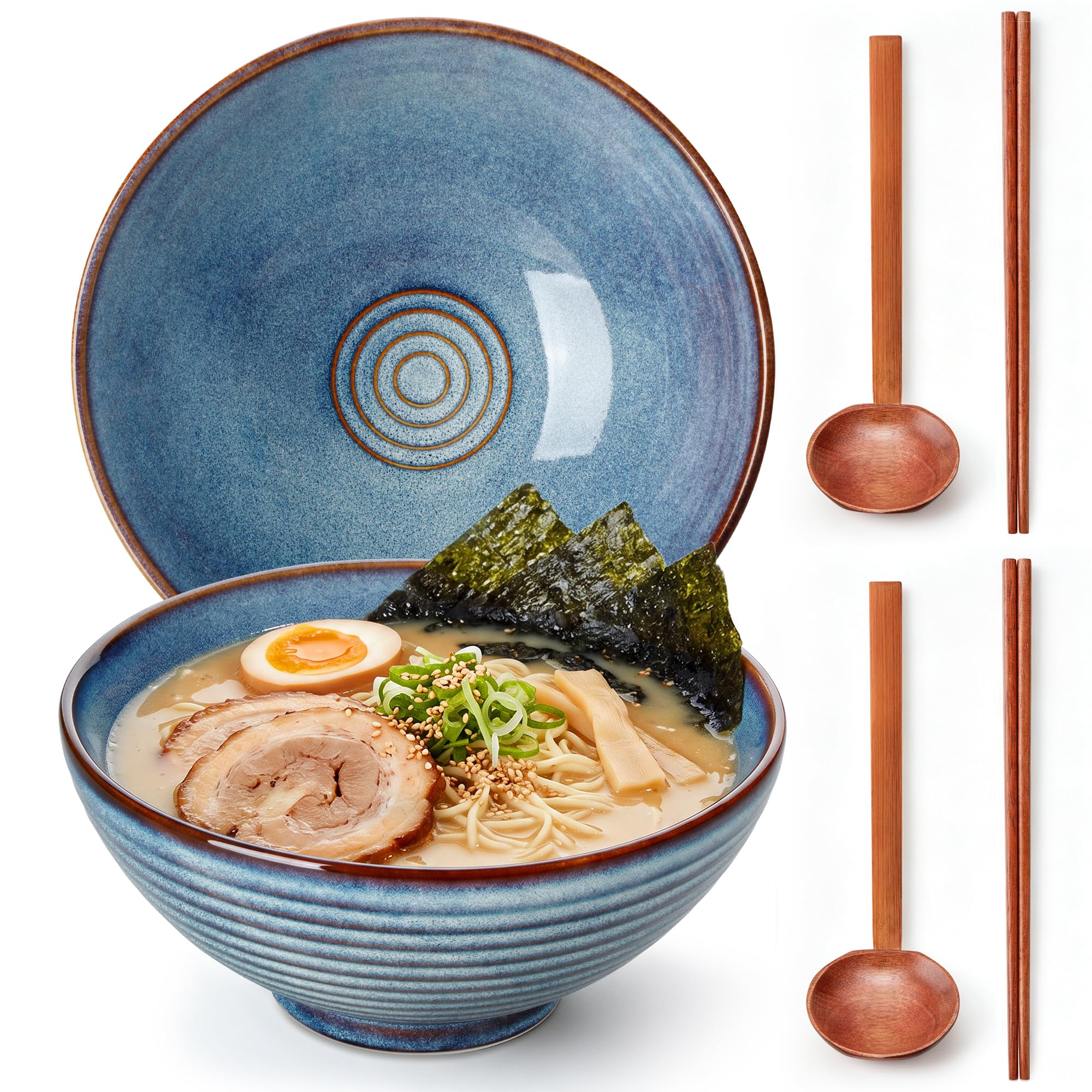 vancasso 45 oz Large Ramen Bowls Set of 2, Japanese Ceramic Noodle Bowls with Chopsticks &amp; Spoons, Soup Bowls for Ramen, Pho, Udon, Pasta, Salad, Microwave &amp; Dishwasher Safe, Blue