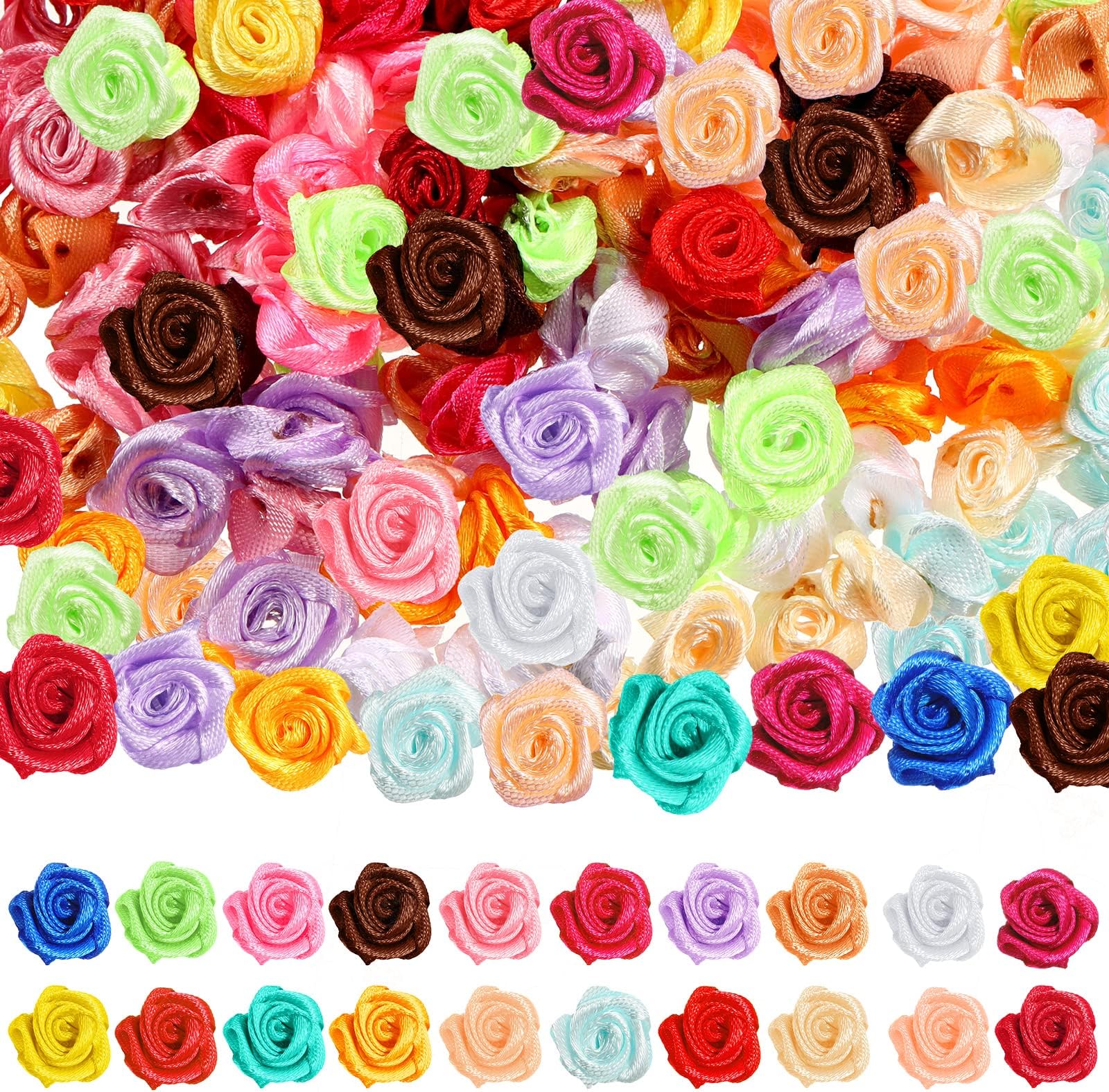 Weysat 300 Pcs Mini Satin Ribbon Roses Small Flowers for Crafts Tiny Satin Roses Artificial Fabric Flowers Applique DIY Sewing Embellishments for Wedding Bride Gift Wrapping Decoration(Multicolor)