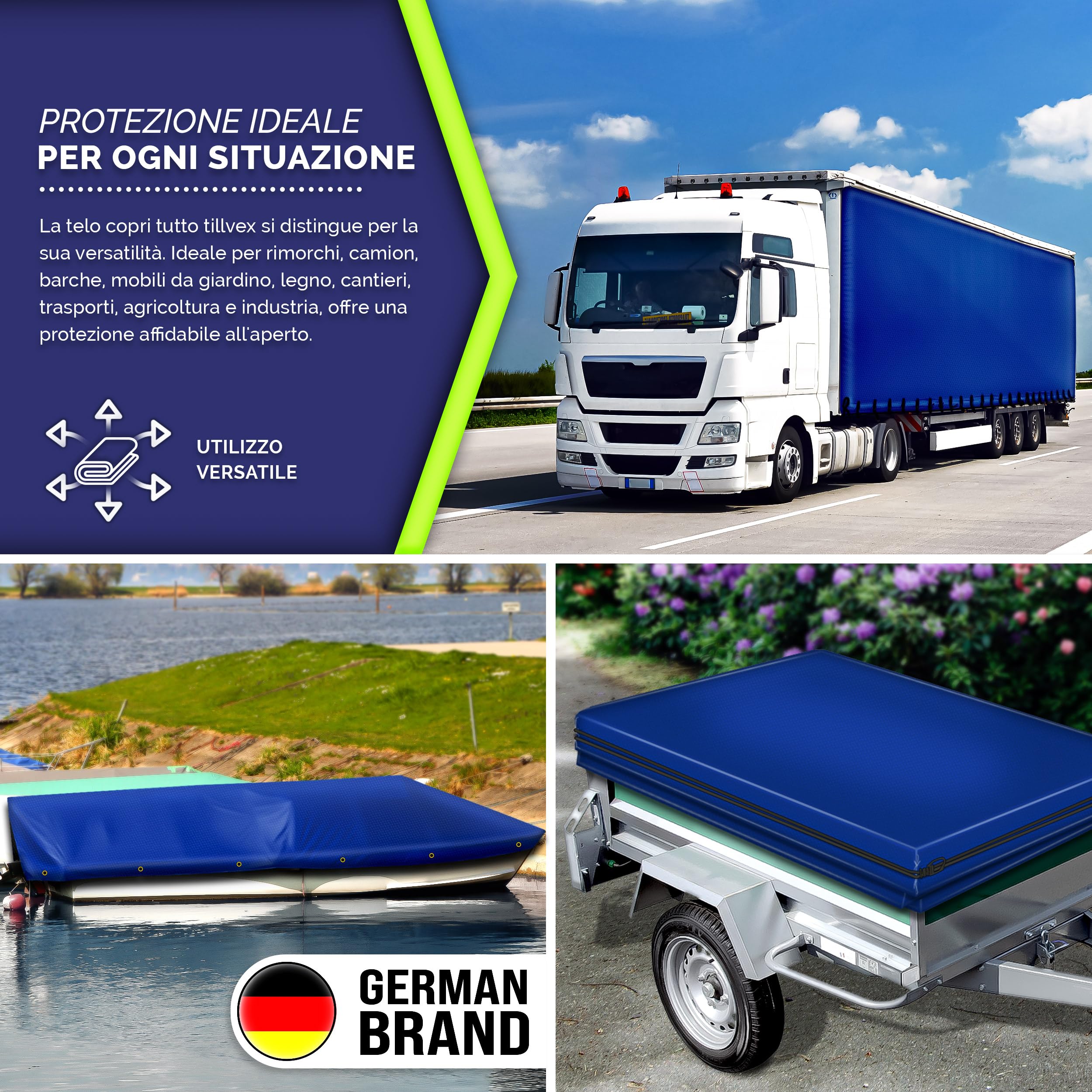 tillvex®, Telone di copertura con occhielli + 10 elastici e corda da 15 m, telo 650 g/m², impermeabile e antistrappo, telo in PVC di alta qualità, universale, per camion, piscina, mobili da giardino e