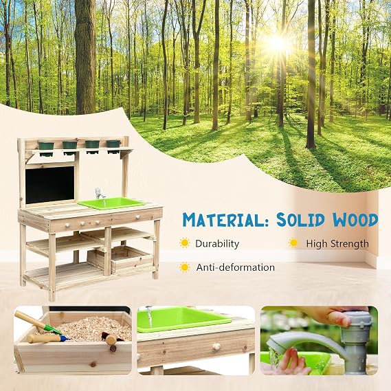 Mud Kitchen Playset for, Outdoor Wooden Toy Play Kitchen Set for Boys and Girls, Kitchen Accessories and Garden Sink with Faucet, Blackboard (Natural)