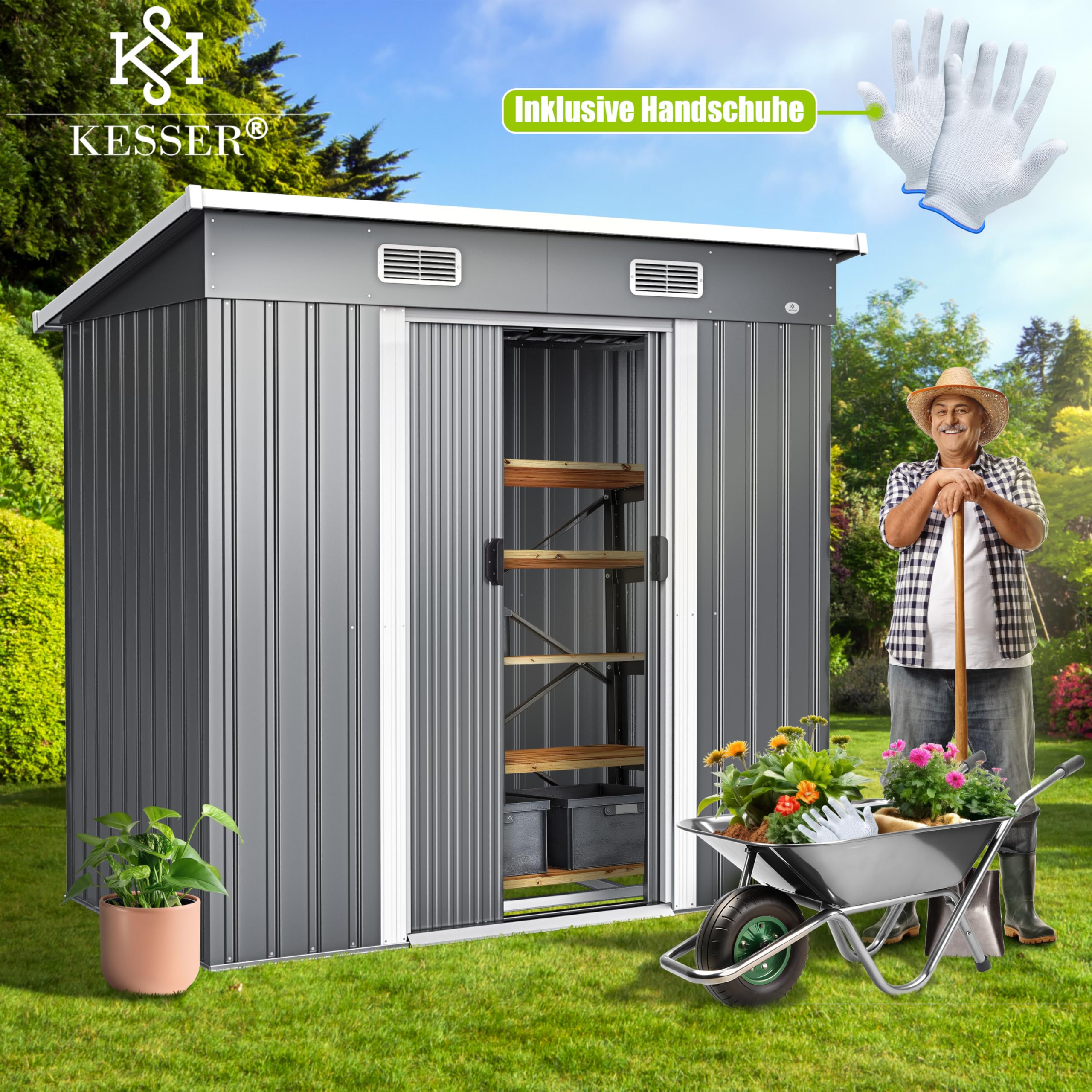 KESSER - Abri de jardin L en métal 4 m³ avec fondation | 194 x 112 x 181 cm | 2 portes coulissantes et fondations | Toit en pente | Avec gants de
