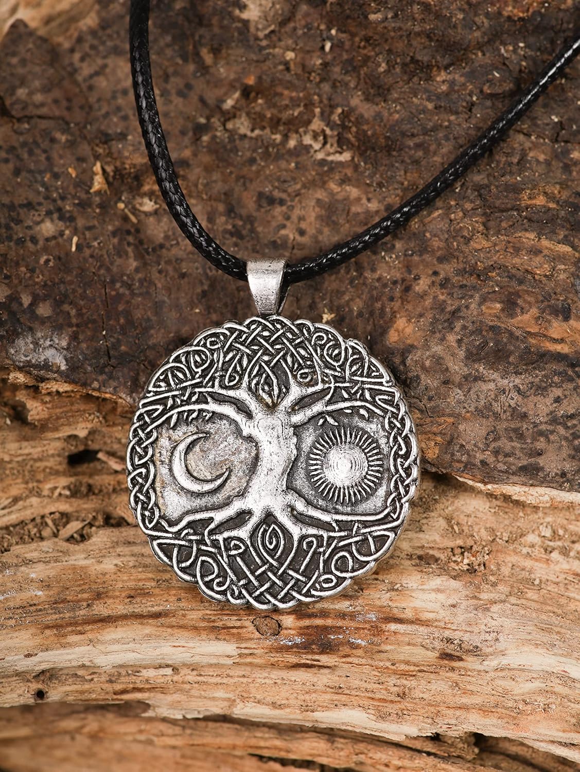 HAQUIL Tree of Life Necklace, Vintage Antique Tree of Life Moon Pendant, Faux Leather Cord, Vintage Jewelry Gift for Women - Image 3