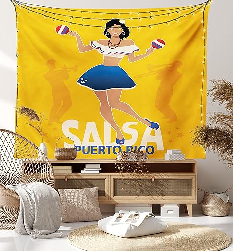 Miniatura 8 de Lunarable Tapiz de Puerto Rico, chica bailarina de salsa con silueta de trombonista y trompetista de Maracas en el fondo, colgante de pared para