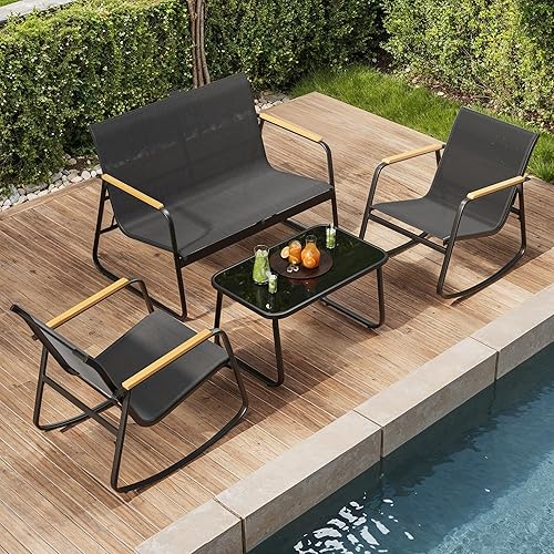 Miniatura 9 de Ahomly - Juego de 4 piezas de muebles de patio, juego de conversación para exteriores de Textilene con 2 sillas mecedoras y mesa de café con tapa de