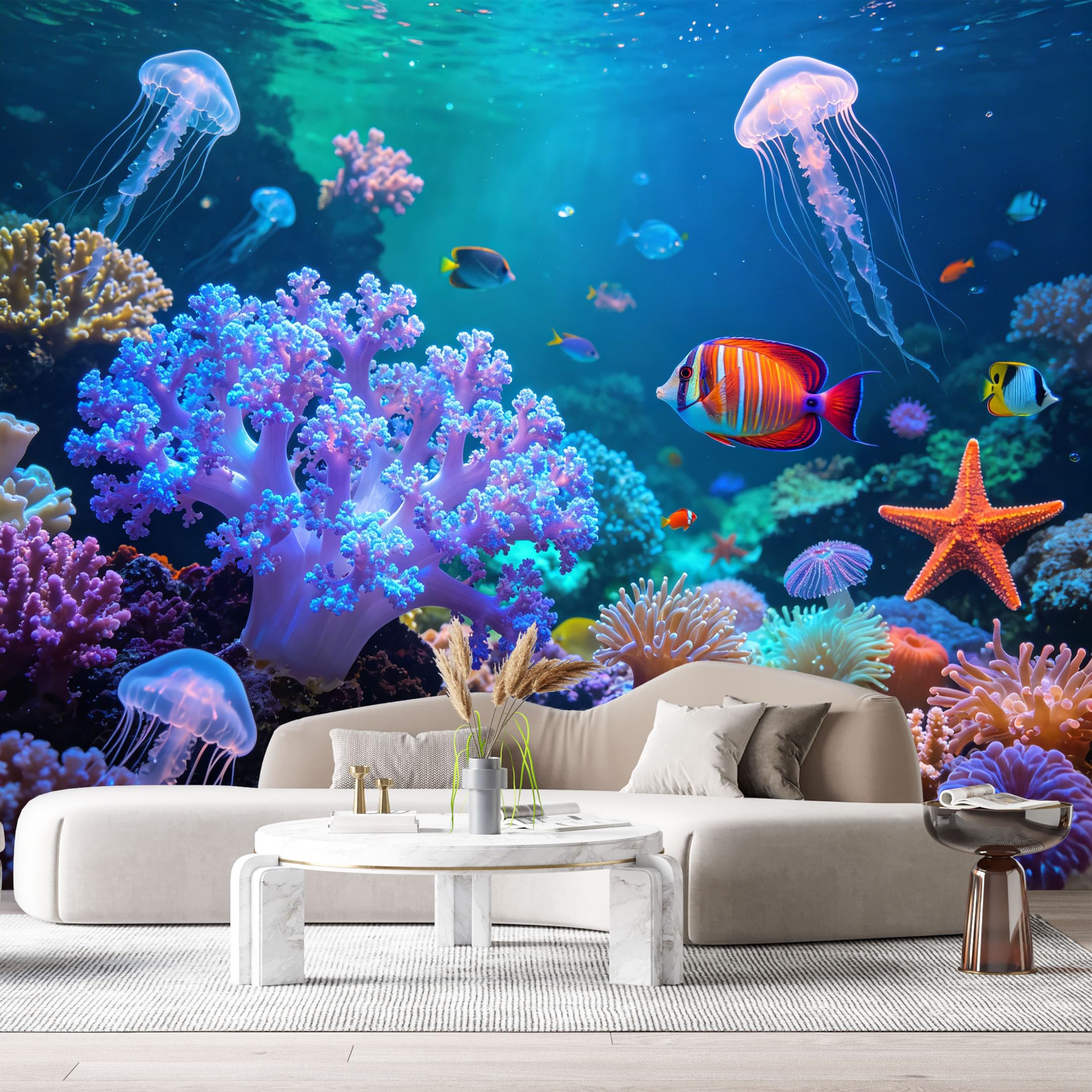 Custom Size Wall Murals Ocean Marine Tropical Coral Reef Jellyfish Fish Starfish SelfAdhesiveWall Fabric Removable Wallpaper Wall Decor for Living Room Bedroom Bathroom