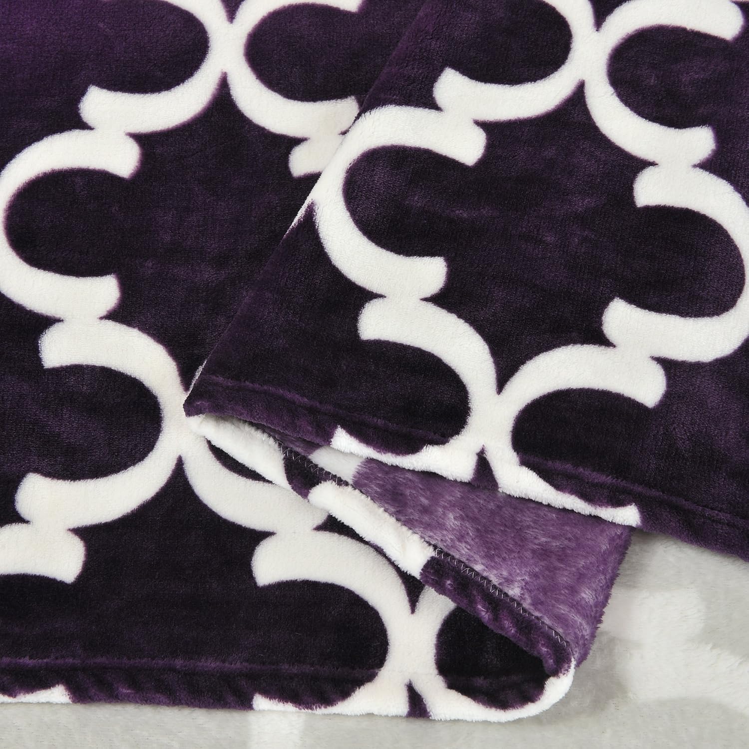 CaliTime Super Soft Throw Blanket for Bed Sofa Couch, Cozy Warm Flannel Fleece Modern Gradient Ombre Quatrefoil Accent Geometric, Grey to Purple, King