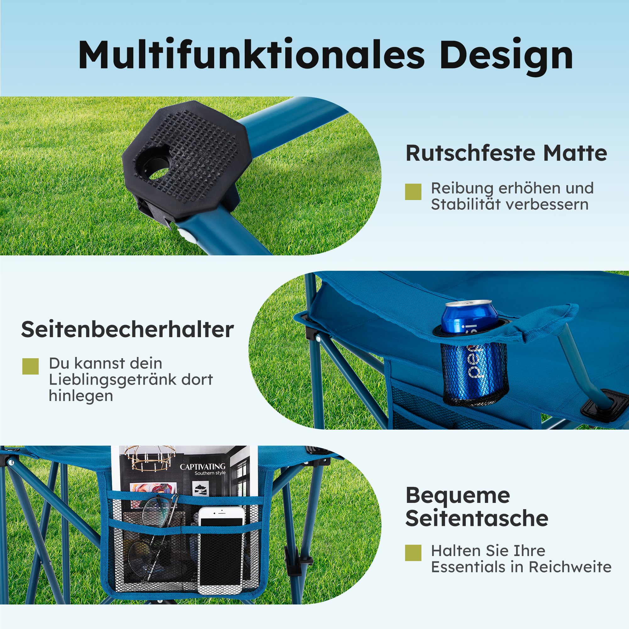 HIGH Point SPORTS – Juego de 2 sillas de camping plegables con bolsa isotérmica, bolsa de almacenamiento, silla de pesca plegable hasta 120 kg, silla de camping al aire libre con portavasos, azul