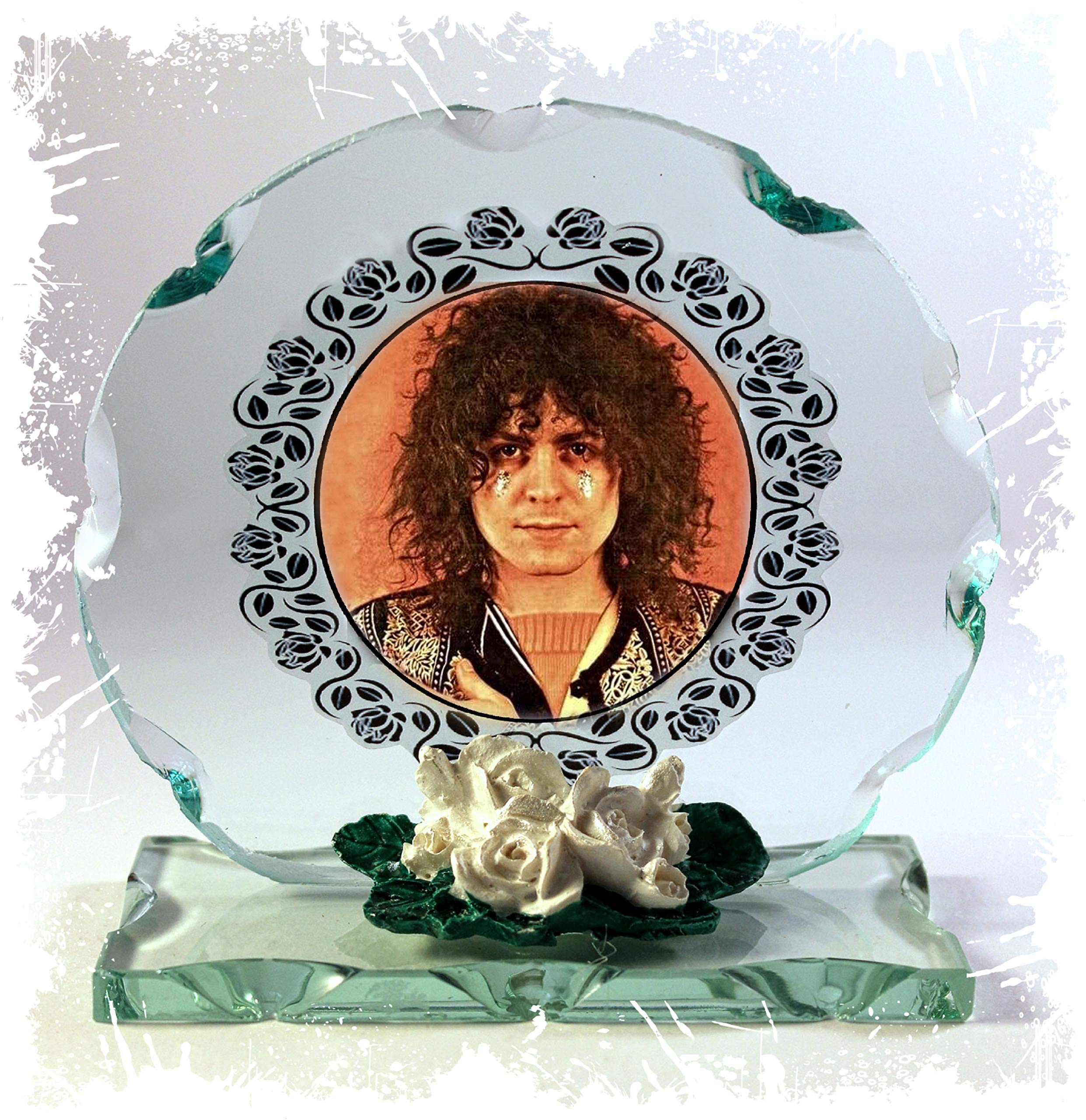 Cellini Plaques Red,Silver,White Mark Bolan, T.rex, I Love To Boogie, Cut Glass Round Plaque, White Porcelain Roses, Limited Edition #1