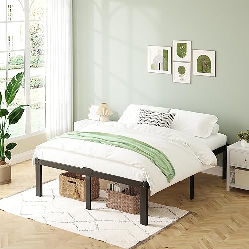 Miniatura 7 de Marco de cama King de 14 pulgadas, marco de plataforma de metal, no necesita somier, acero resistente negro, fácil montaje, con almacenamiento