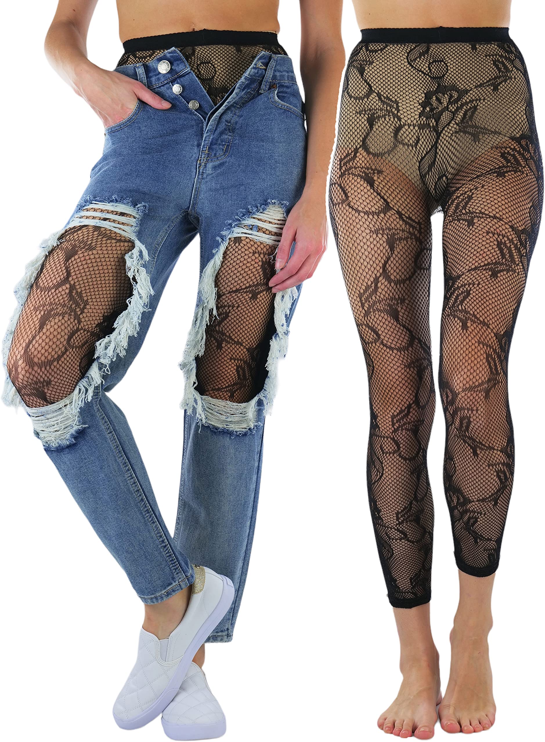 ToBeInStyle Women's Single Floral Lace Fishnet Tights Footless &amp; Stirrup Design