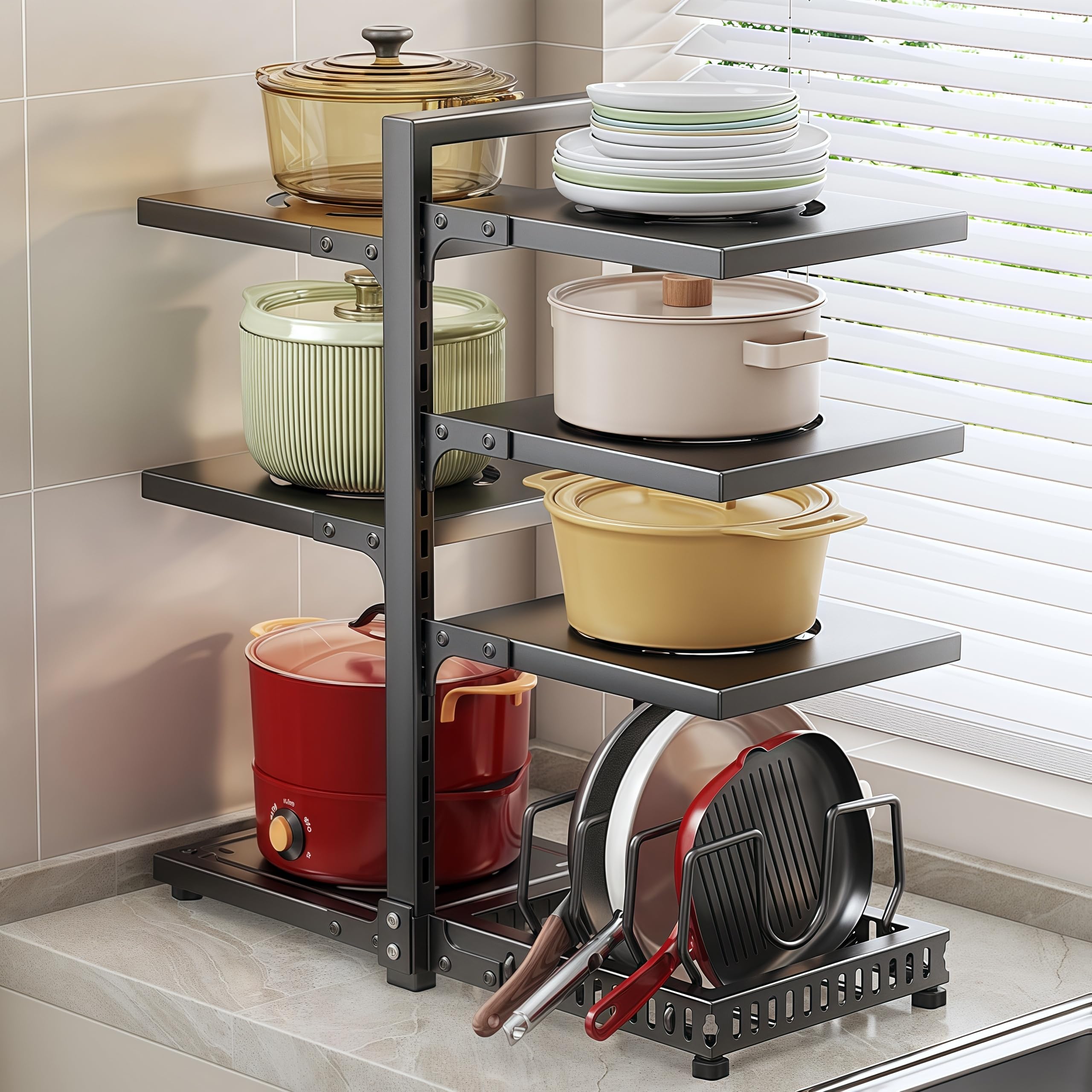 Töpfe Organizer für Schrank verstellbar Fächern Topf Pfannenhalter 4/5/7 Etagen Pfannen Organizer Pfannenständer mit Topfdeckelhalter für Küchenschrank (7 Etagen, Schwarz)