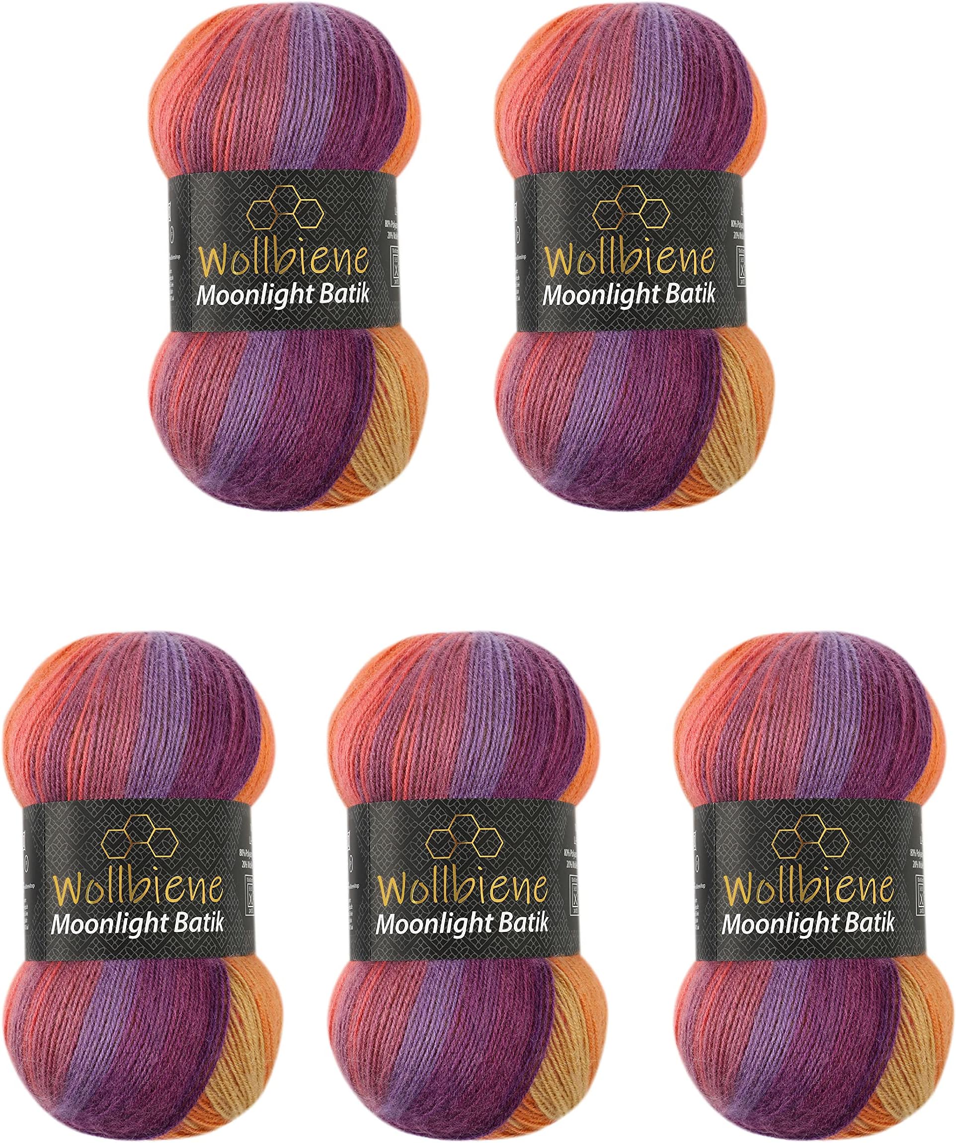 Wollbiene Moonlight Batik 5 x 100 g Knitting Wool 500 g Wool for Knitting and Crocheting 20% Wool Turkish Wool Gradient Wool Knitting Wool (5600 Purple Berry Orange)