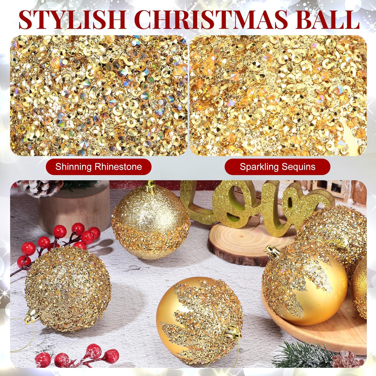Syhood 12 adornos de bolas de Navidad con purpurina de 3.15 pulgadas, decoraciones de bolas de Navidad de lentejuelas de diamantes de imitación para colgar bolas de plástico para árboles de Navidad,