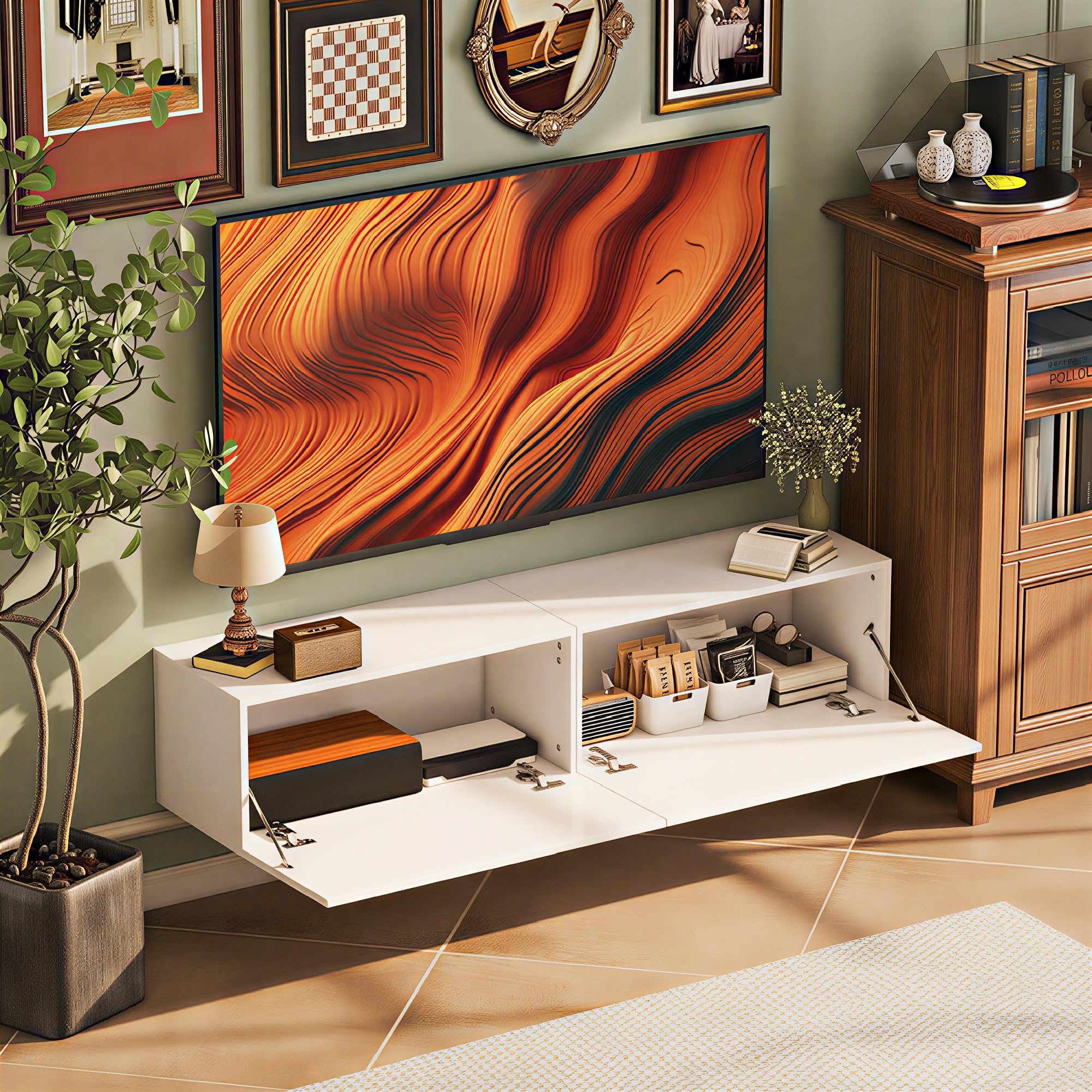 HOMCOM Mobile TV Sospeso per Televisori 45"-55"-65" Mobile Porta TV con 2 Armadietti con Ante a Ribalta per Salotto, Soggiorno e Camera da Letto 140x33x29.8 cm Bianco Lucido