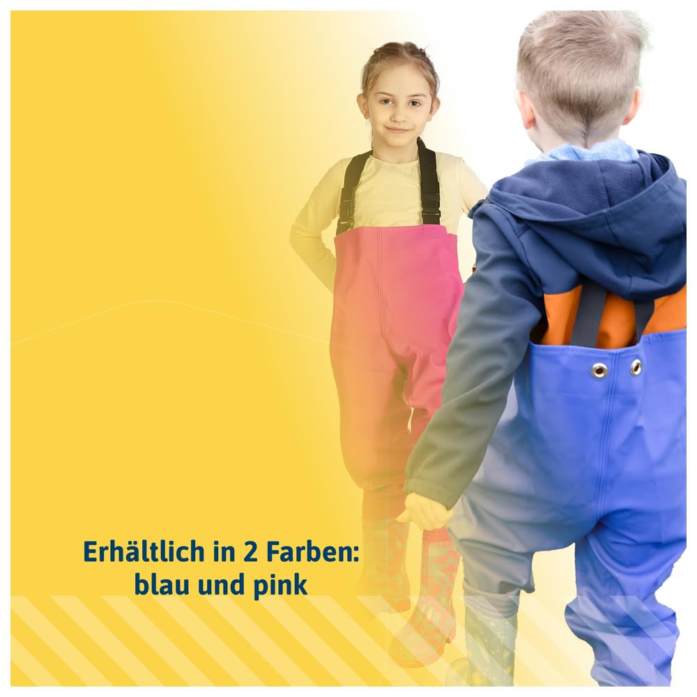 Dönges Kinder-Wathose, Gr. 22-35, wasserdichte Regenhose für Jungs und Mädchen, ungefüttert mit Watstiefeln und Verstellbaren Hosenträgern, Outdoor Buddelhose für Regen, Matschhose, Blau und Rosa