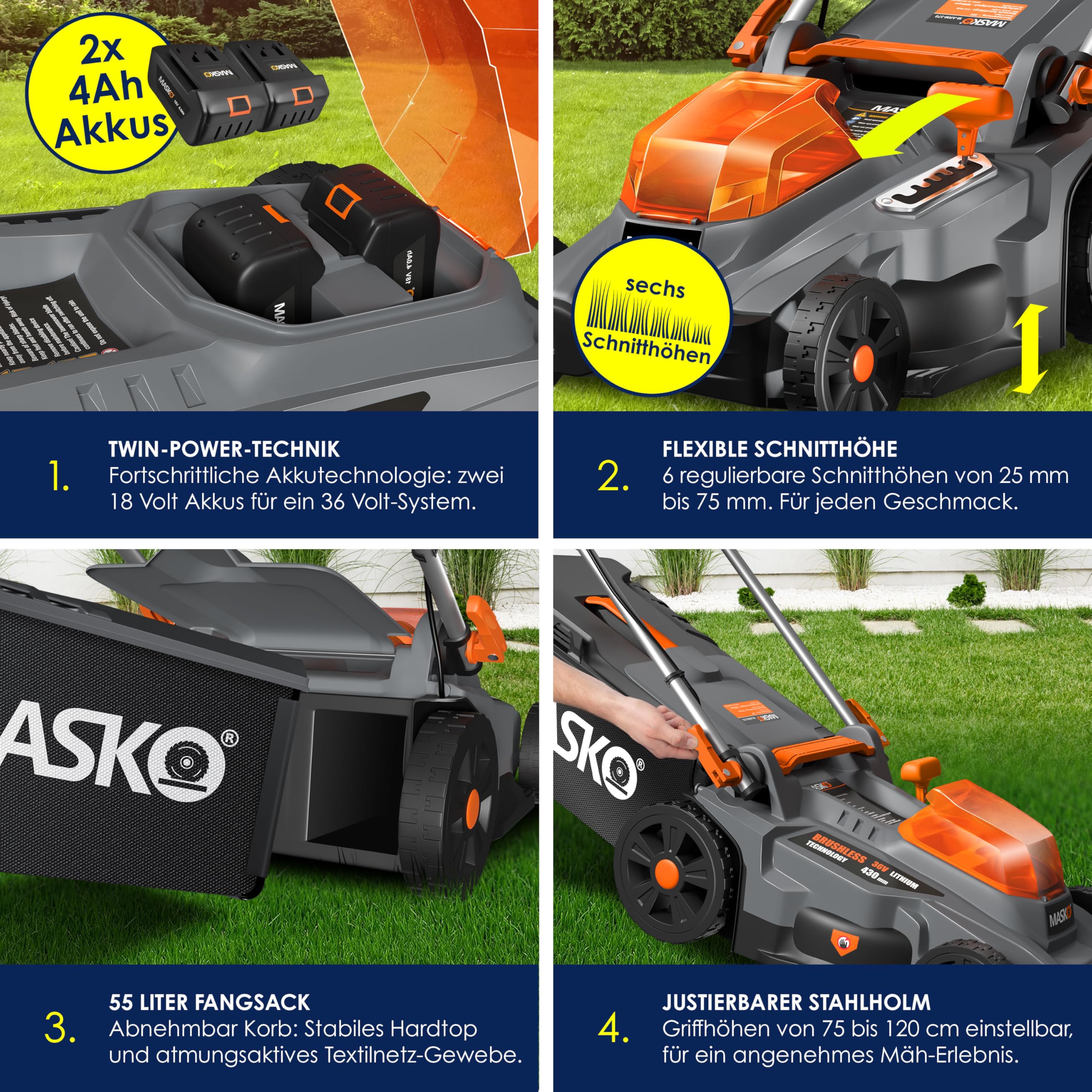 MASKO Tondeuse à Gazon Mulching 43cm 2 Batteries Double Chargeur Bac 55L 650m²