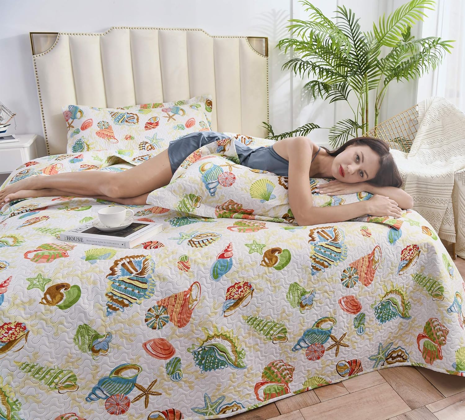Quilt Set Queen Size Beach Bedding Bedspread Coverlet Coastal Ocean Quilt Bedding Summer Lightweight Reversible Bedspread Beach Quilt Starfish Conch Decor Soft Home