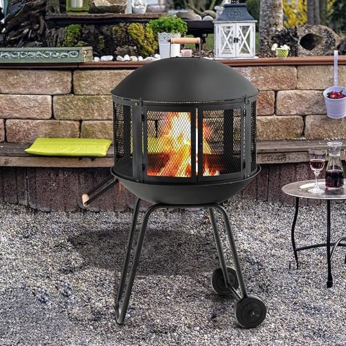 Miniatura 2 de ORALNER Hoguera portátil con ruedas hoguera de leña para exteriores de 27 pulgadas con cubierta de pantalla de chispa rejilla de troncos póquer de
