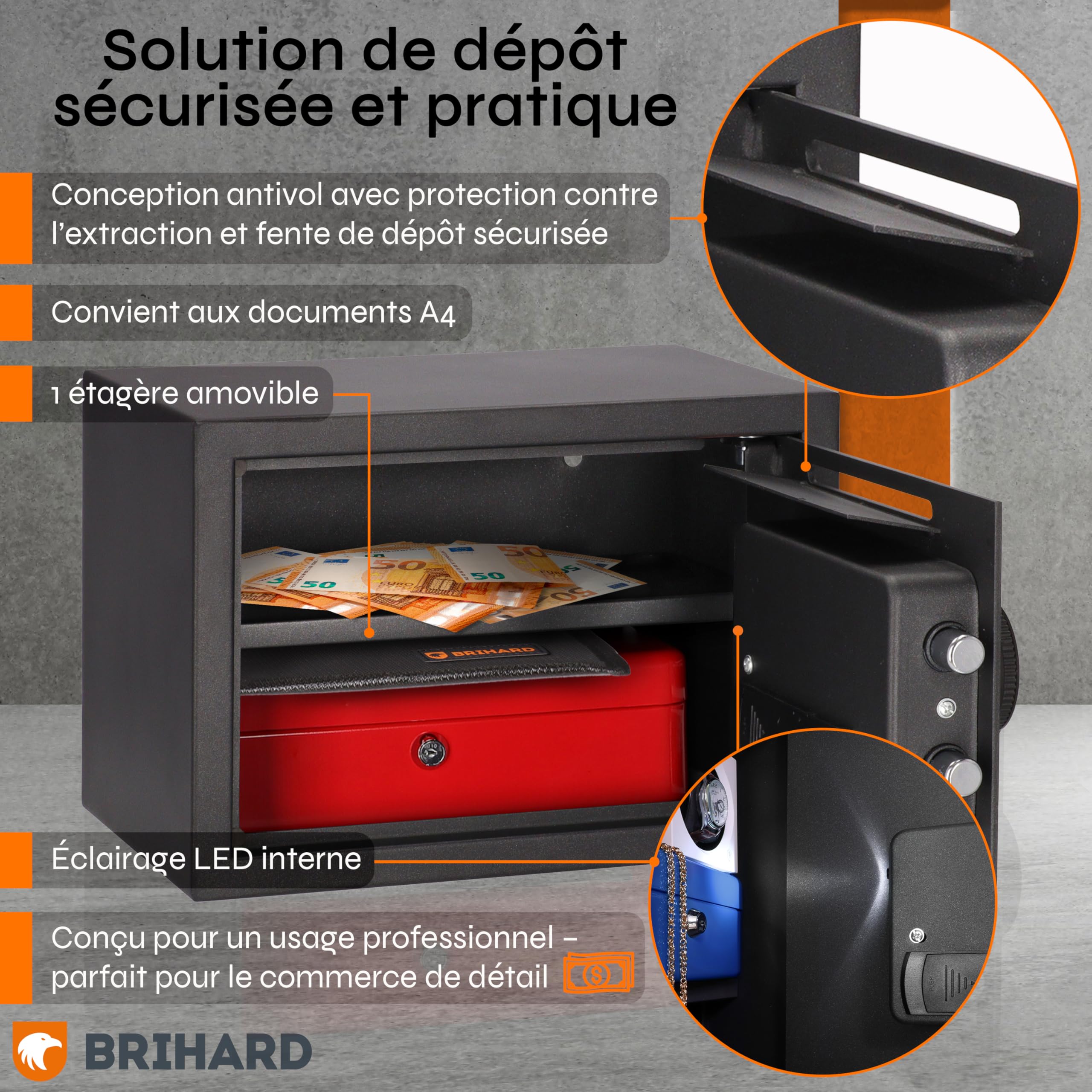 Coffre-fort de dépôt 25 x 35 x 25 cm avec fente, boîte électronique verrouillable pour argent liquide avec sac ignifuge, coffre-fort de 20 L avec serrure à clavier numérique et écran LCD