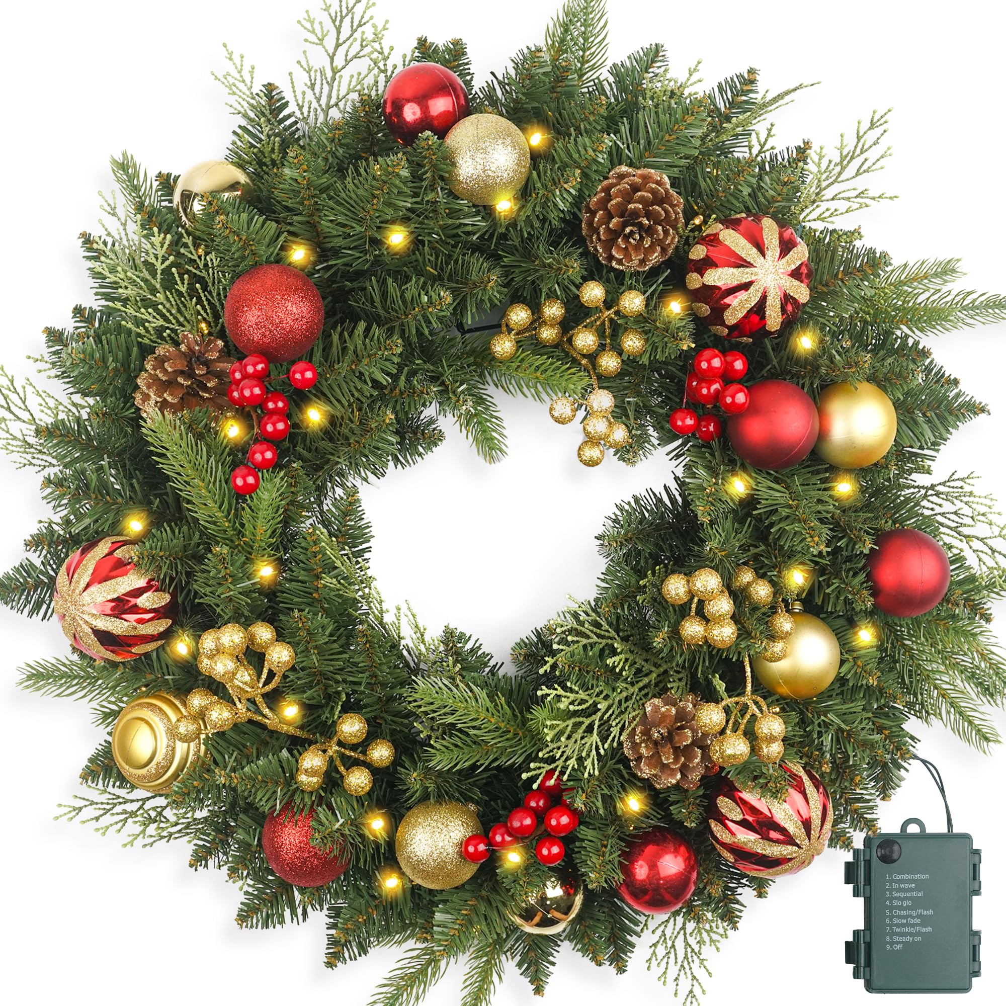 Weihnachtskranz Vorbeleuchtet 61.0 cm mit 50 Licht & Rotgold Kugel Tannenzapfen, Künstliche Weihnachtskränze für Haustür mit Lichtern, Kranz für Weihnachtsdekoration, Tür, Fenster, Wand, Grün