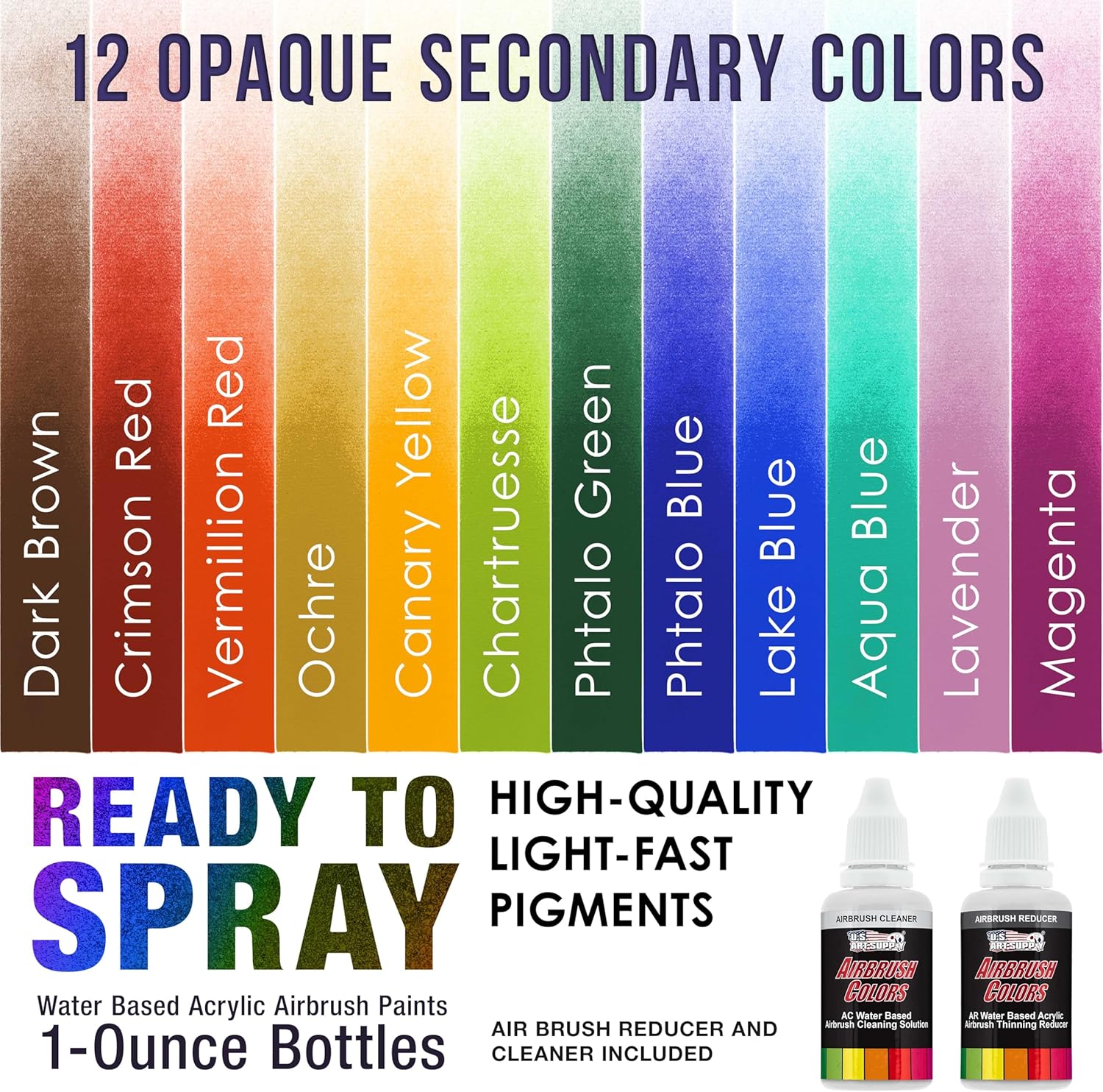 U.S. Art Supply Airbrush Paint Set - 12 Color Secondary Opaque with Reducer & Cleaner, Ready to Spray Air brush Paint, 1-Ounce Water-Based Acrylic for Painting Metal, Plastic Models, Canvas, Wood