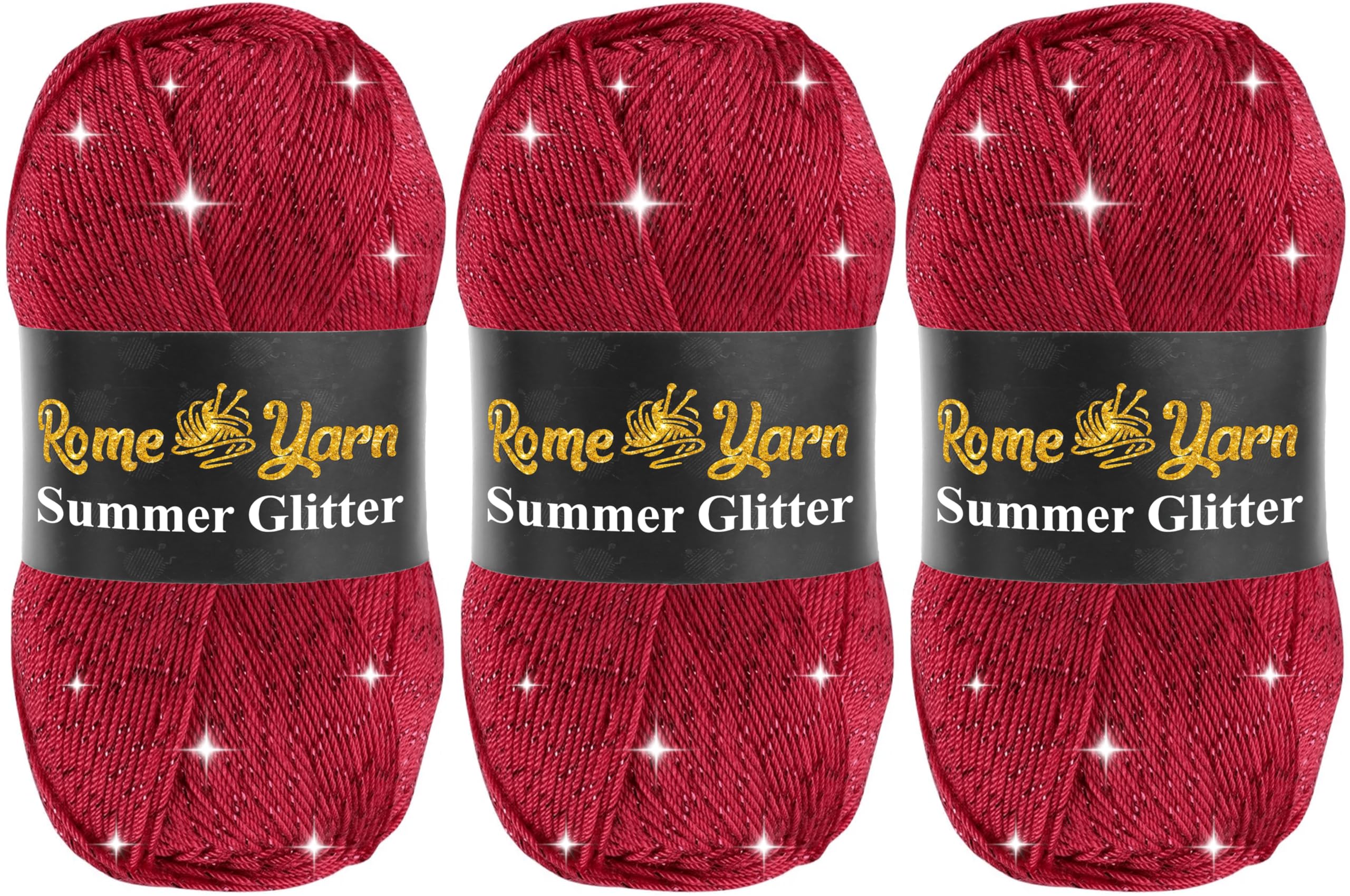 Summer Glitter Yarn 3 Pack (3 x 100g) | Metallic Sparkle Lace Yarn | Soft Anti-Pilling Acrylic Microfiber | Fine Yarn #2 | Silky Satin Texture | 340m Each for Knitting & Crochet (141 Poppy) — image 1