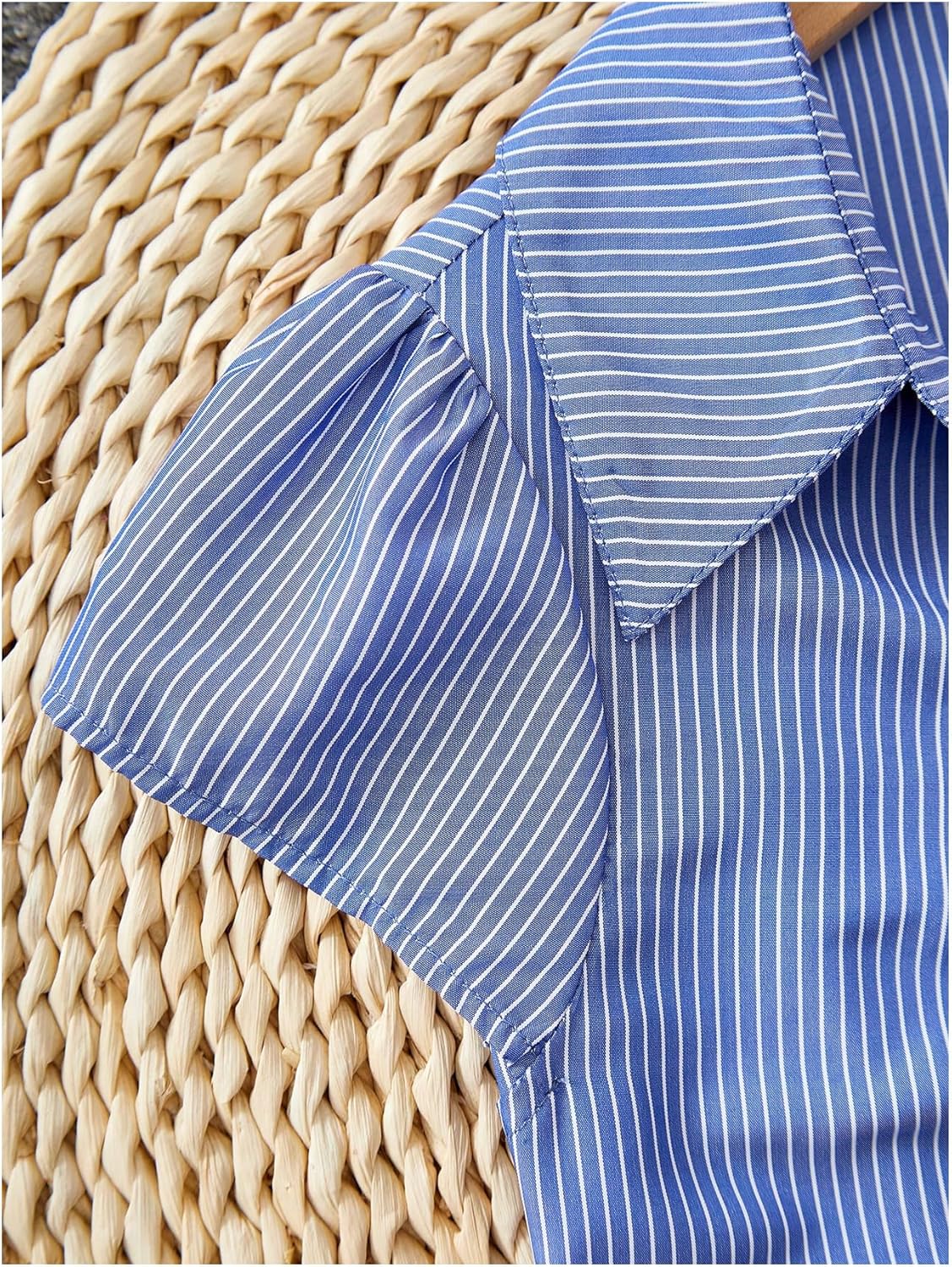 Girl's Striped Button Up Shirts Dressy Ruched Cap Sleeve Collared Blouses - Image 4