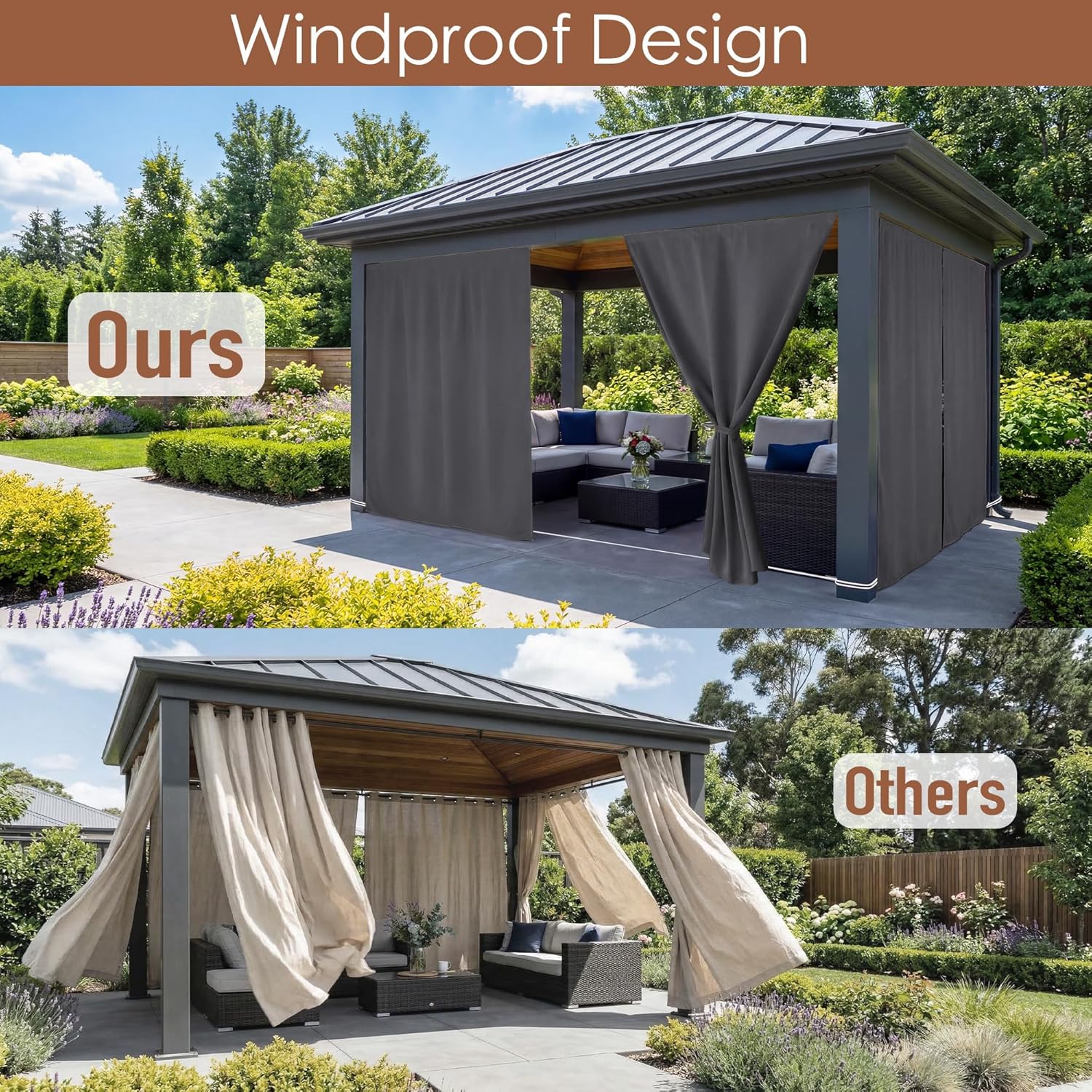 RYB HOME No-Rod Windproof Outdoor Curtains for Patio Waterproof with Adhesive Tape & Back Tab Bottom, Sun Blocking Privacy Curtains with Rope for Gazebo Porch Pergola, Grey, W 52 x L 96, 2 Panels