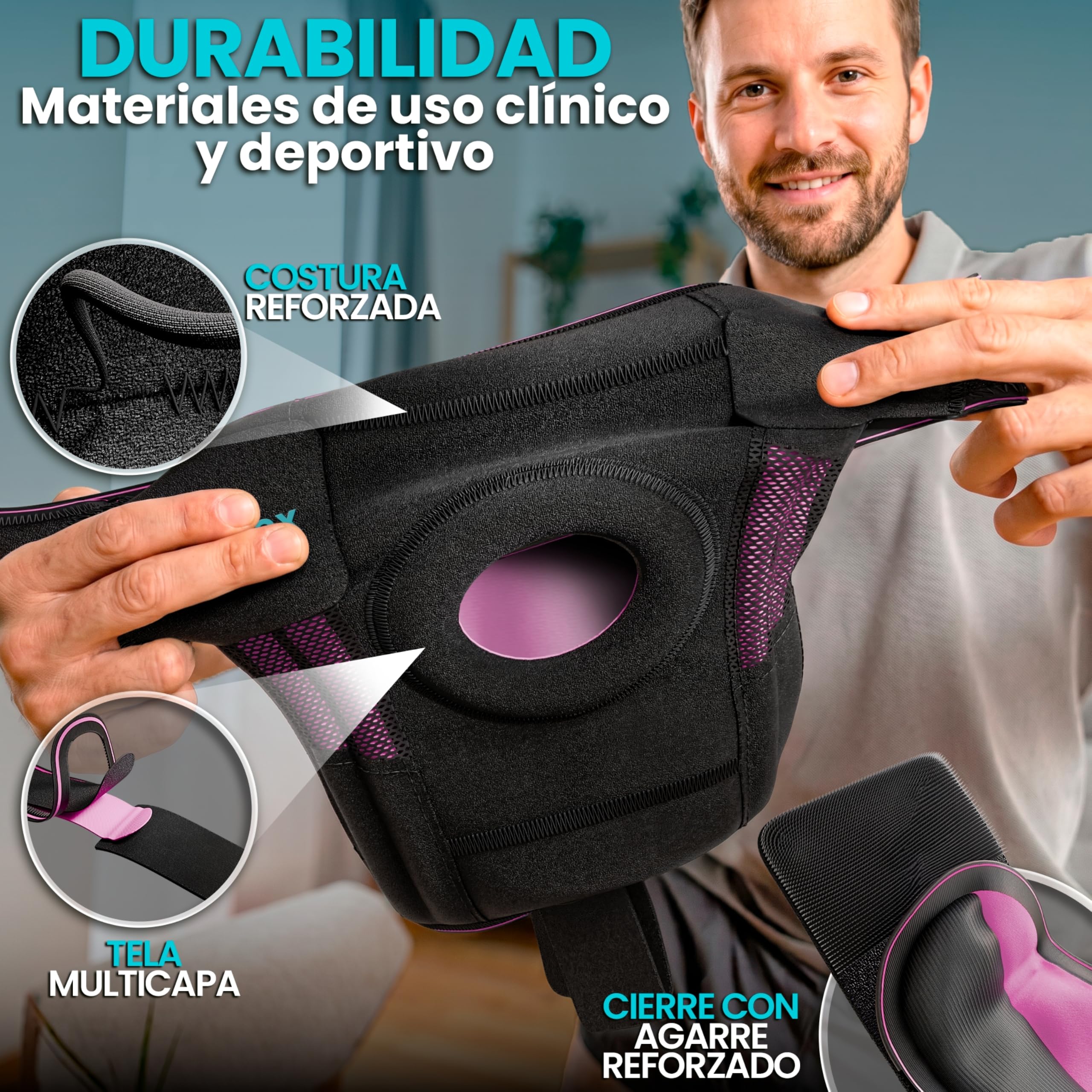 NativoDex Stabilizator na Kolano do Choroby Mięśni i Więzadeł – 4 Boczne Wsporniki i Otwarcie Nadkątne, Ortoza na Kolano Ajustowalna na Artrozę, Chondromalacje i Codzienne Użycie