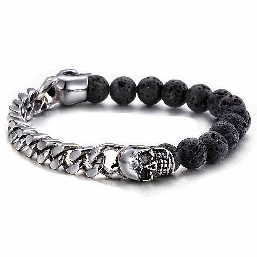 Pulsera de cadena bangle con cuentas de piedra lava y calavera vintage miniatura 7