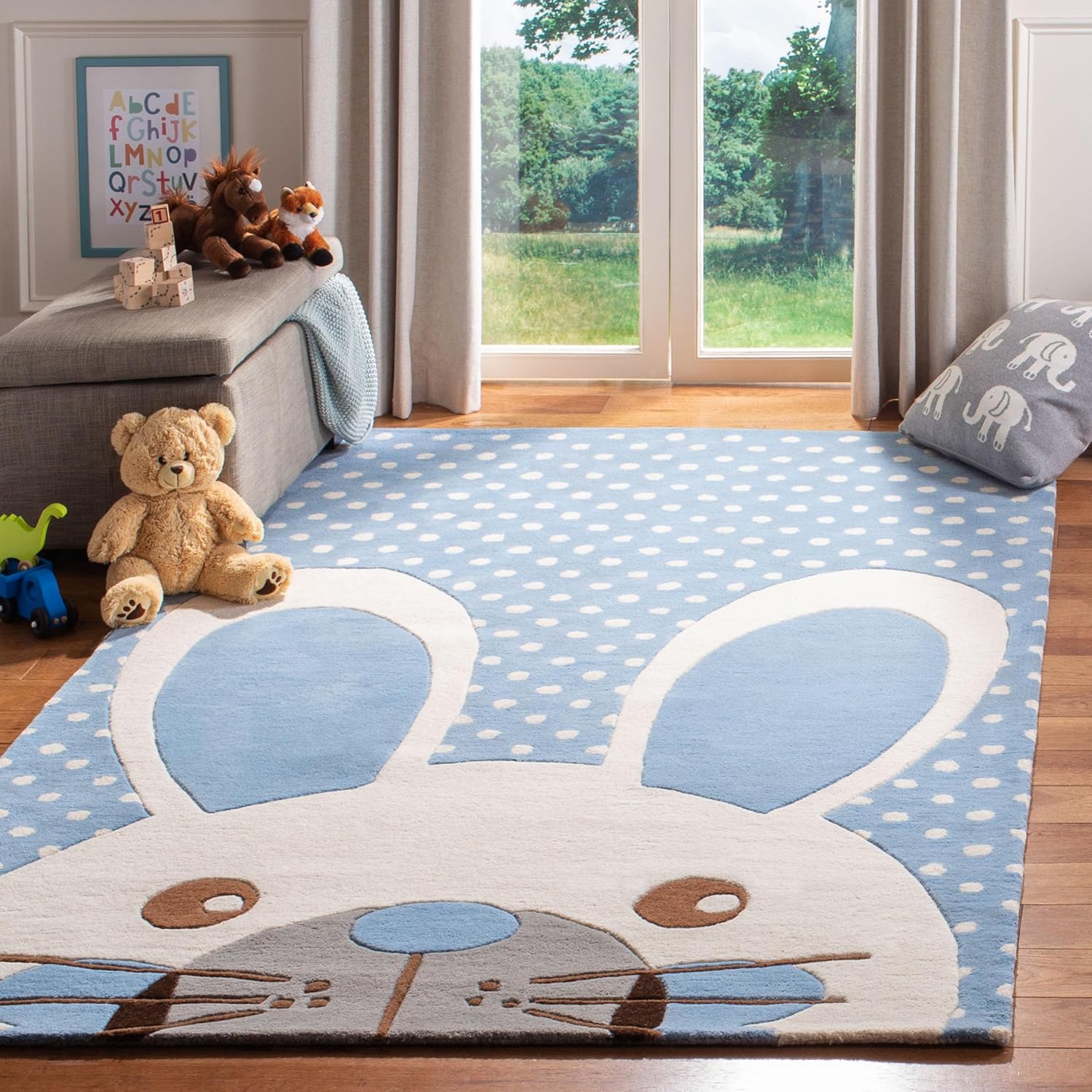 SAFAVIEH Kids Collection 6' x 9' Blue/Ivory SFK922M Handmade Polka Dot Bunny Wool Area Rug