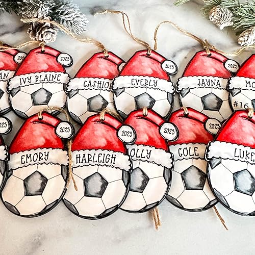 Miniatura 6 de Personalized Soccer Ball Santa Hat Christmas Ornament Custom Name for Player Coach Mom Dad Grandma MDF Hardboard Wood Handmade by The Painted Pug