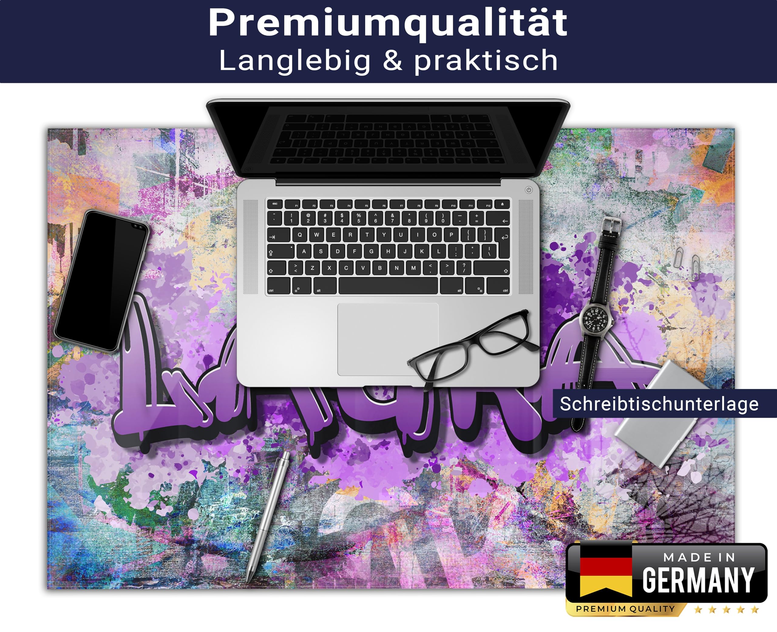 Gamer Schreibtischunterlage personalisiert mit Namen | 80 x 60 cm Graffiti für Mädchen | wasserfeste Schreibunterlage, abwischbar, hochwertiges Acrylglas, gaming Motiv Teenager Kunststoff