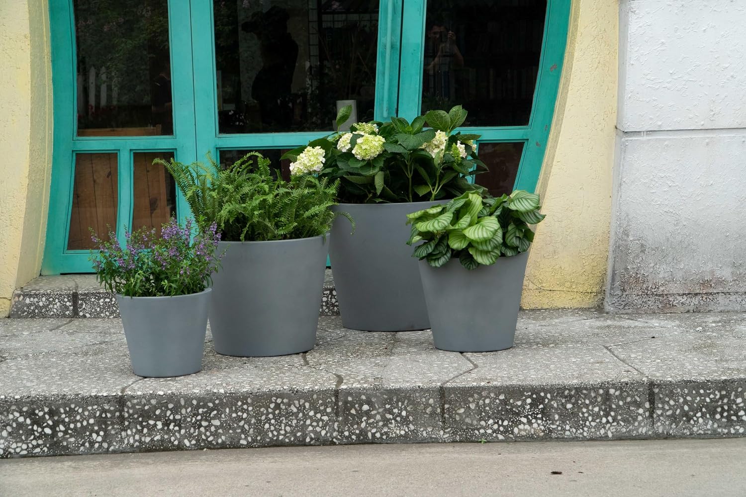 Pottery Pots Cement Gray Tapered Cylinder Planter Home Outdoor Planter Bucket - Large Fiberstone Plant Pot 16" H x 19" W