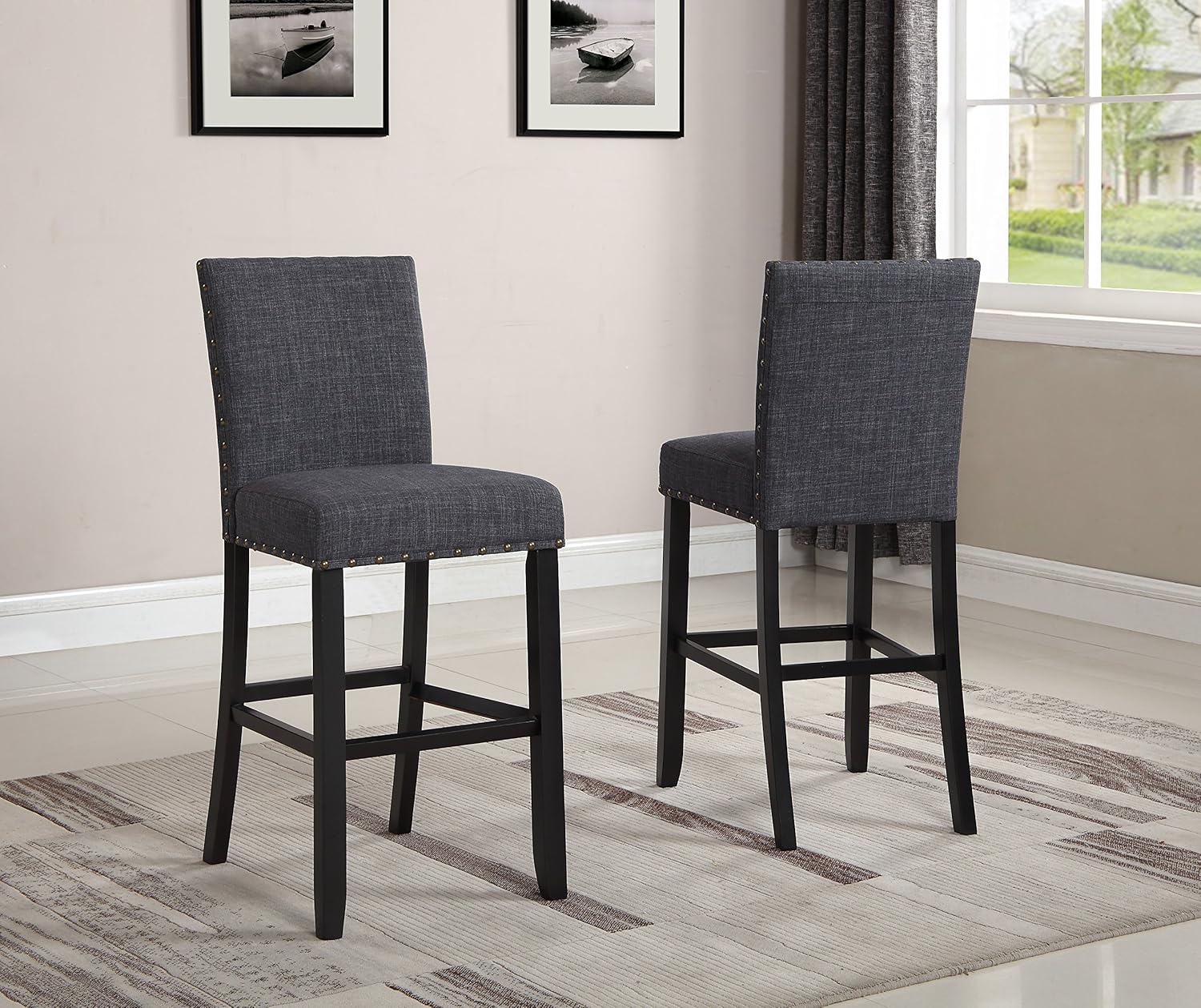 roundhill furniture pc164ta biony fabric bar stools with nailhead trim (set of 2), gray grey
