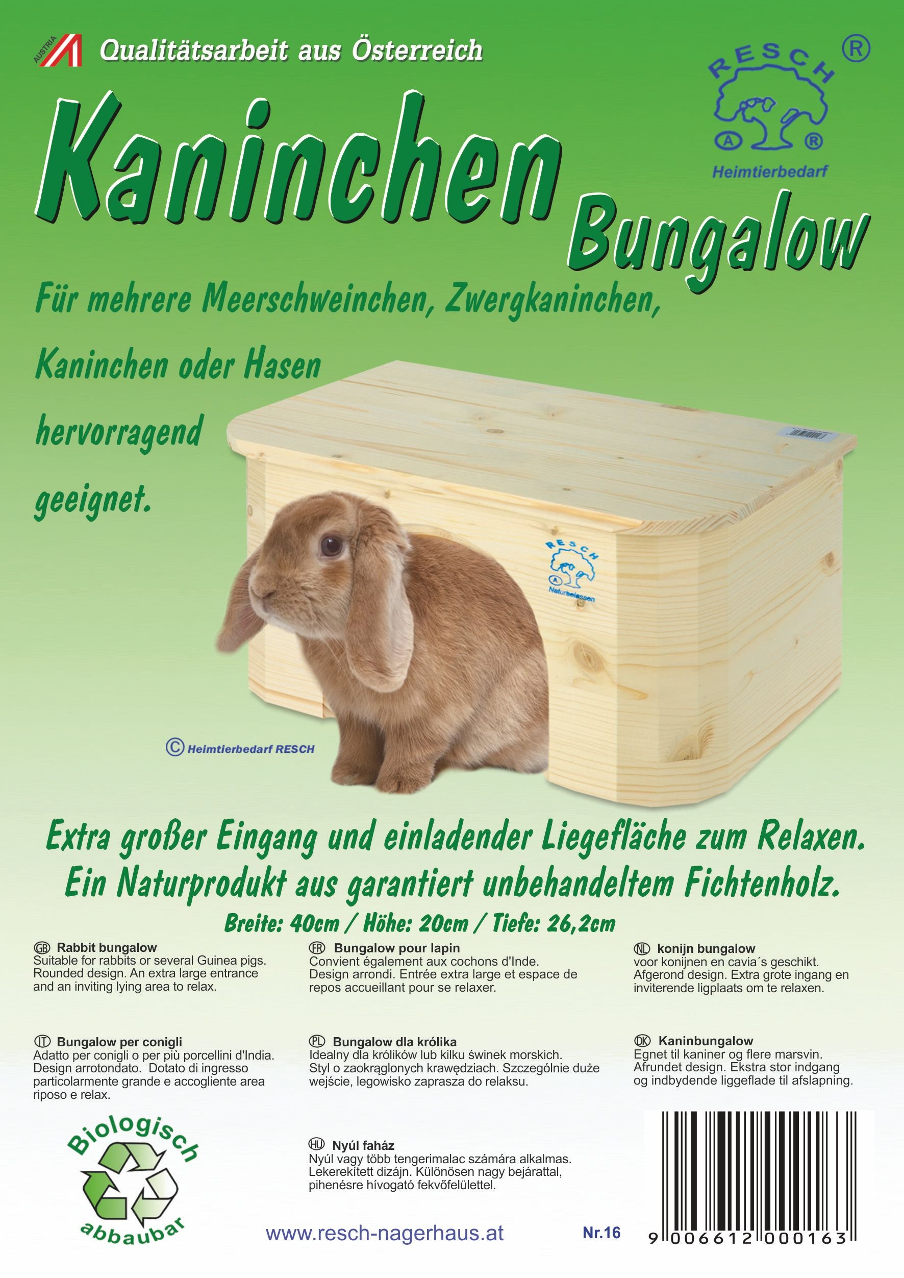 Resch Nr16 Kaninchen Bungalow Naturbelassenes Massivholz aus Fichte mit Extra Großem Eingang/Abgerundetes Design