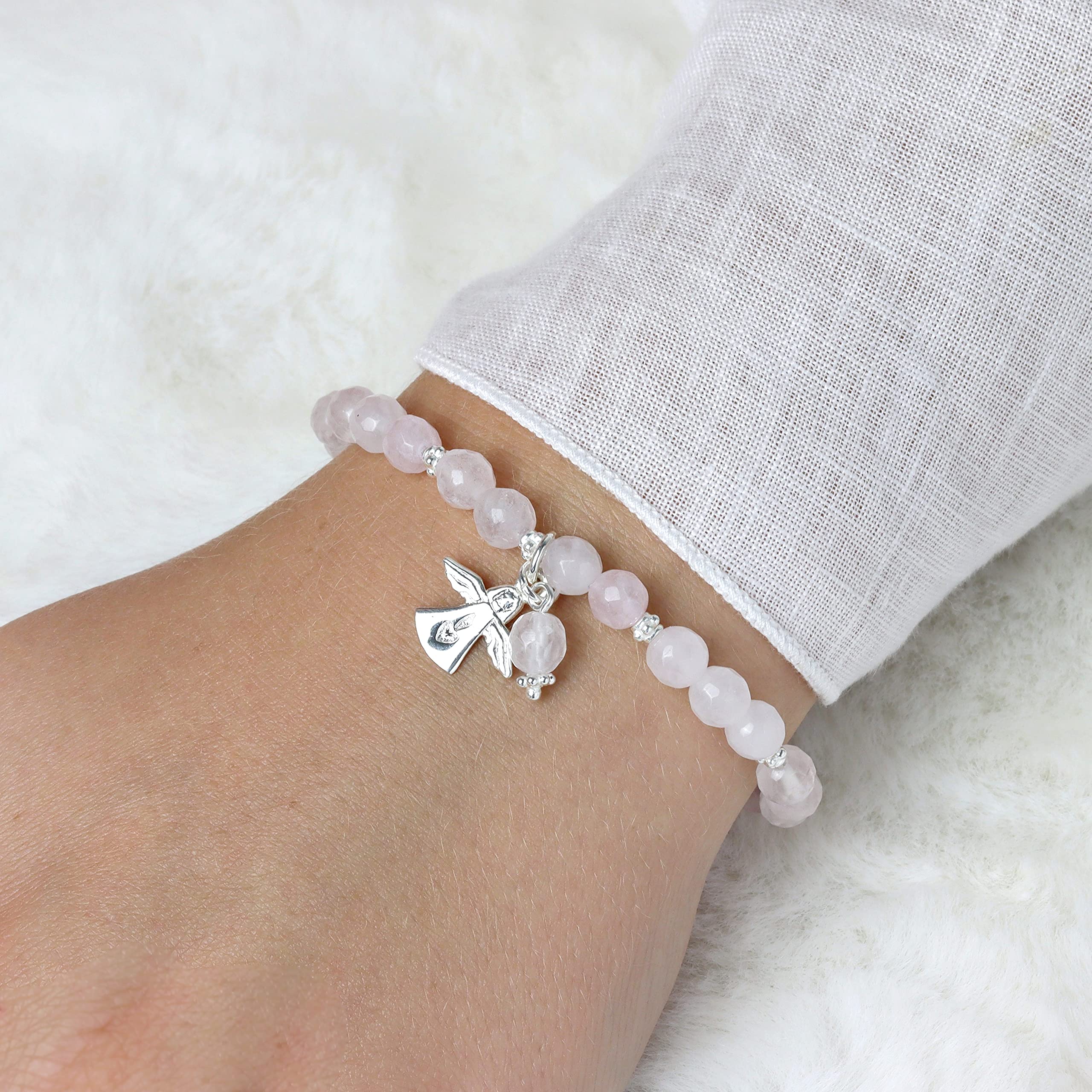 KARYSMA Rosenquarz-Armband Damen mit Schutzengel Silber für Mädchen zur Kommunion, Naturstein