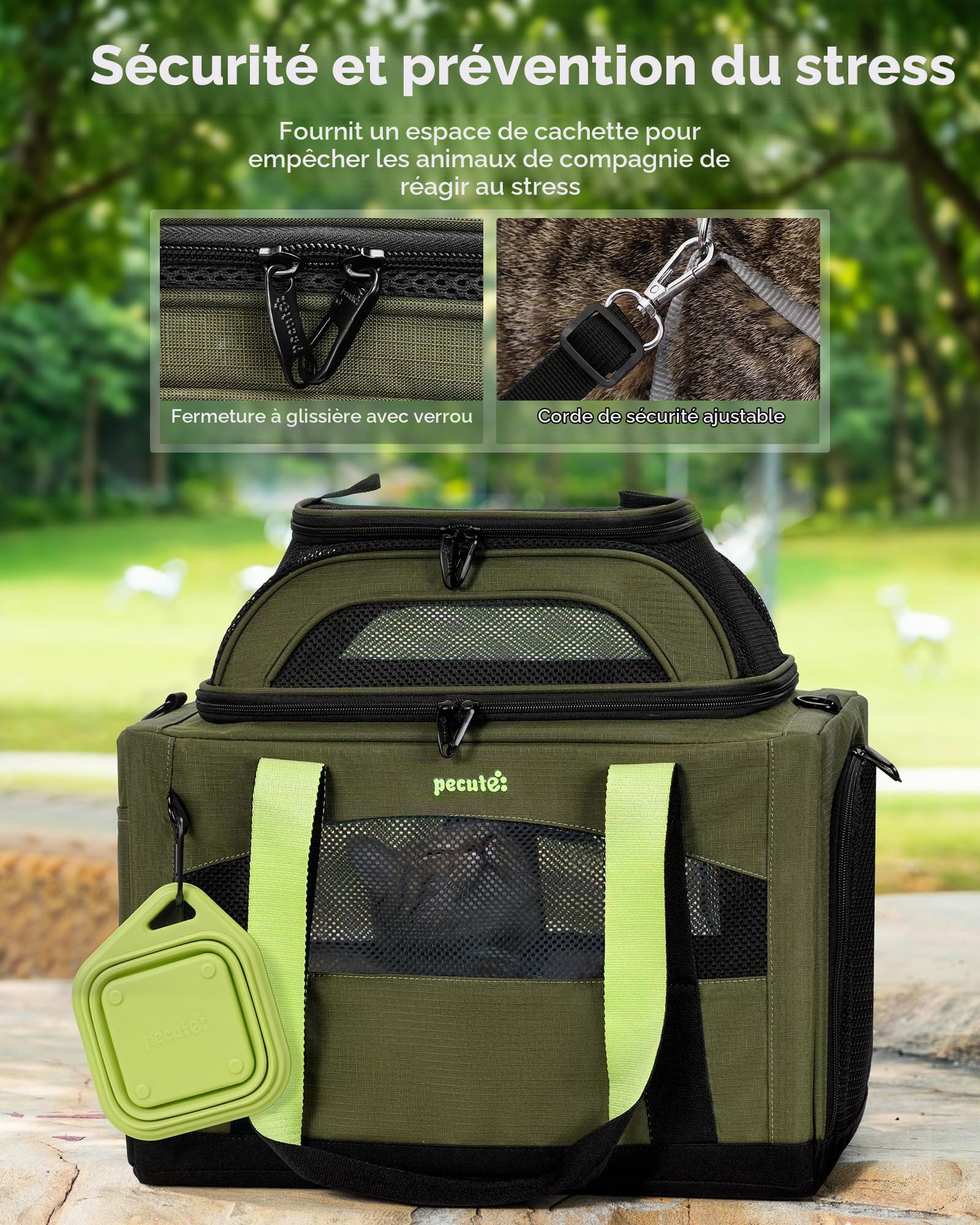 Pecute Caisse de Transport Chat et Chien Extensible, Pliable - Vert Armée | Extension Supérieure • Pliable & Respirant • Cadre Indéformable • Voyage & Vétérinaire • Pour Chats & Chiens