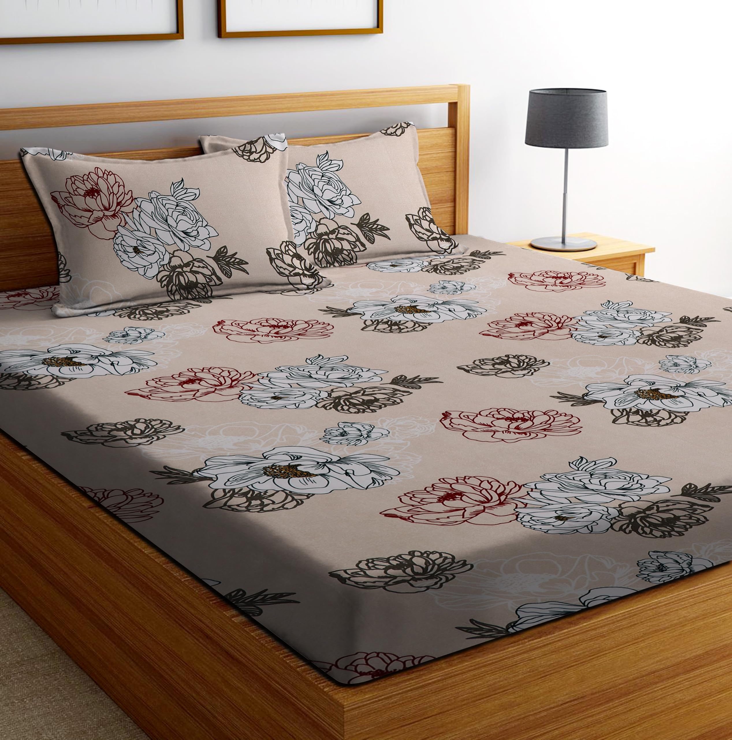 DECORUM Cotton Feel Glace Cotton Fitted Bedsheet King Size (72"x78")| All Around Elastic| 2 Pillow Covers (17"x27")| Fits Up to 8" Mattress| 220 TC|Soft, Wrinkle-Free |Perfect for Home Decor & Gifting