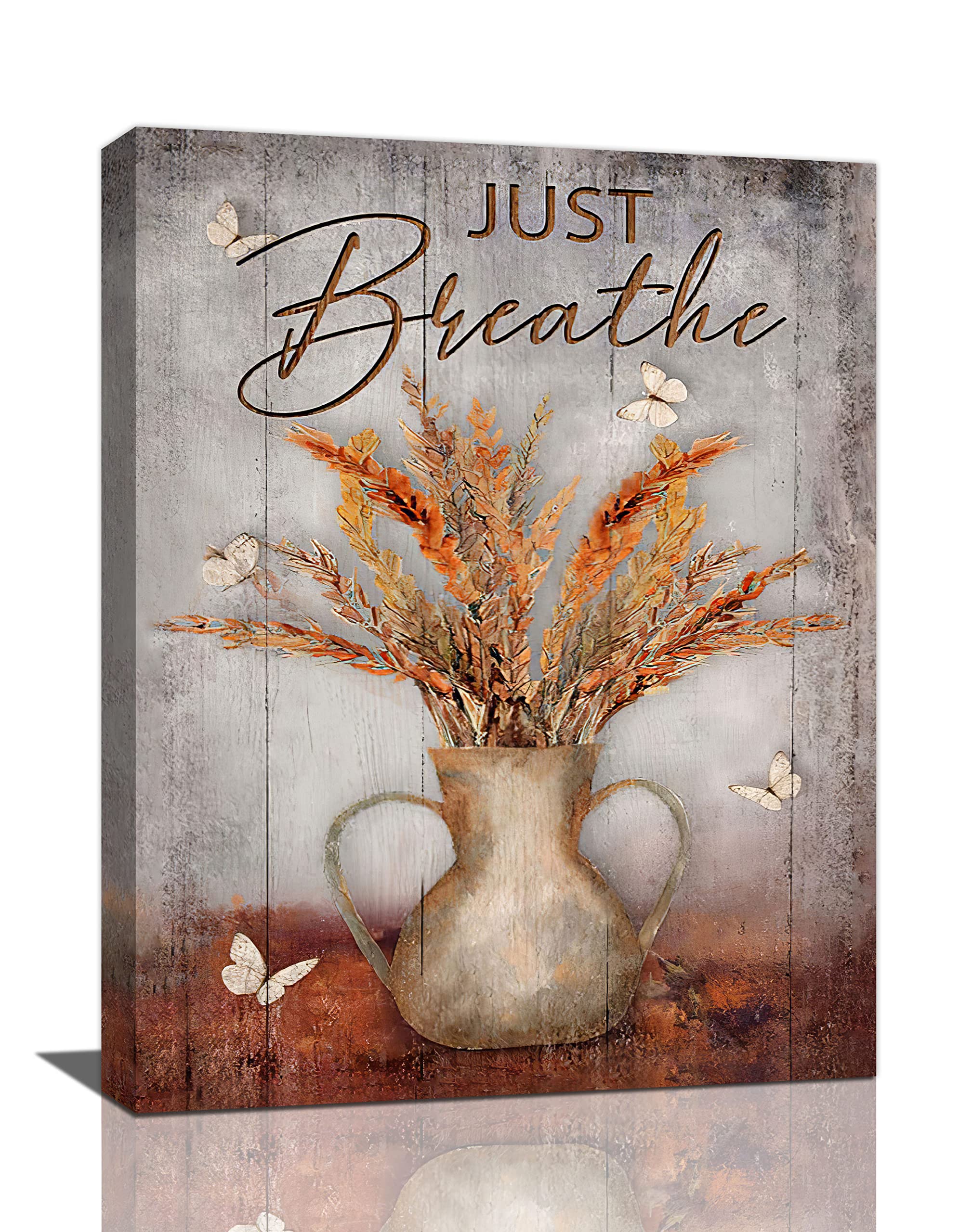 LMYSXAOZ Farmhouse Kitchen Just Breath Wall Art Rustic Ears Of Wheat Butterfly Pictures Decor Country Canvas Print Painting Framed Artwork Home Decorations For Bathroom Bedroom Office 12"x16"